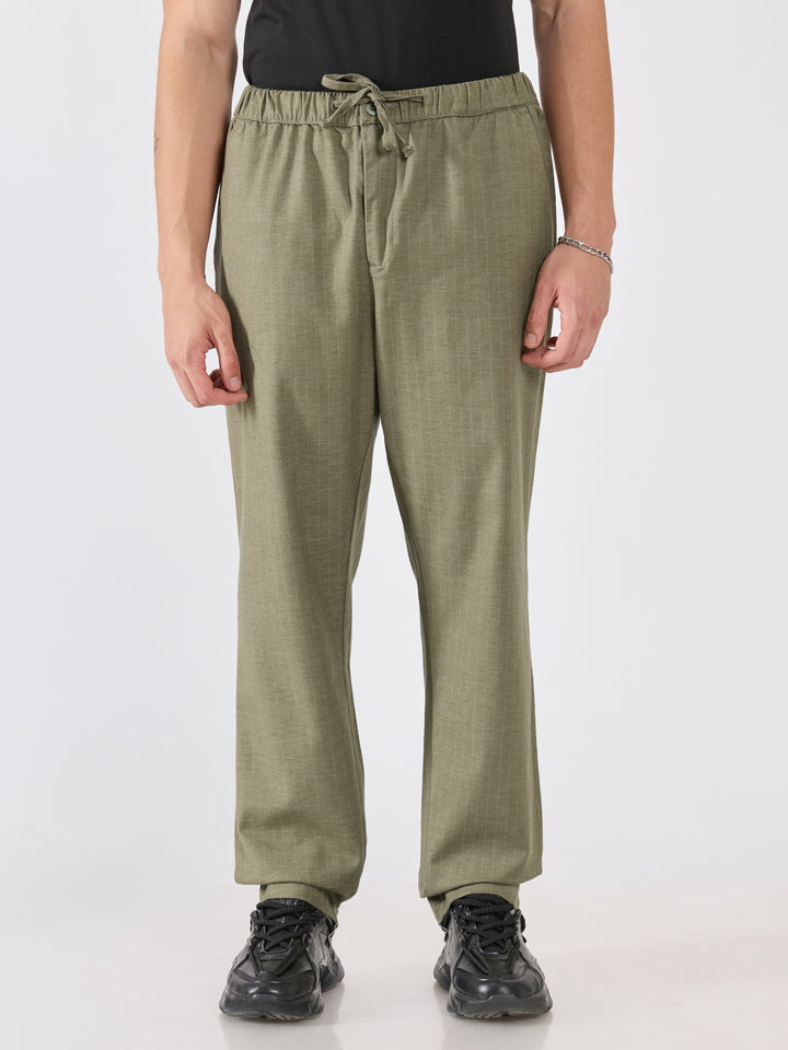 mens Striped Drawstring Loose Fit Pant - olive