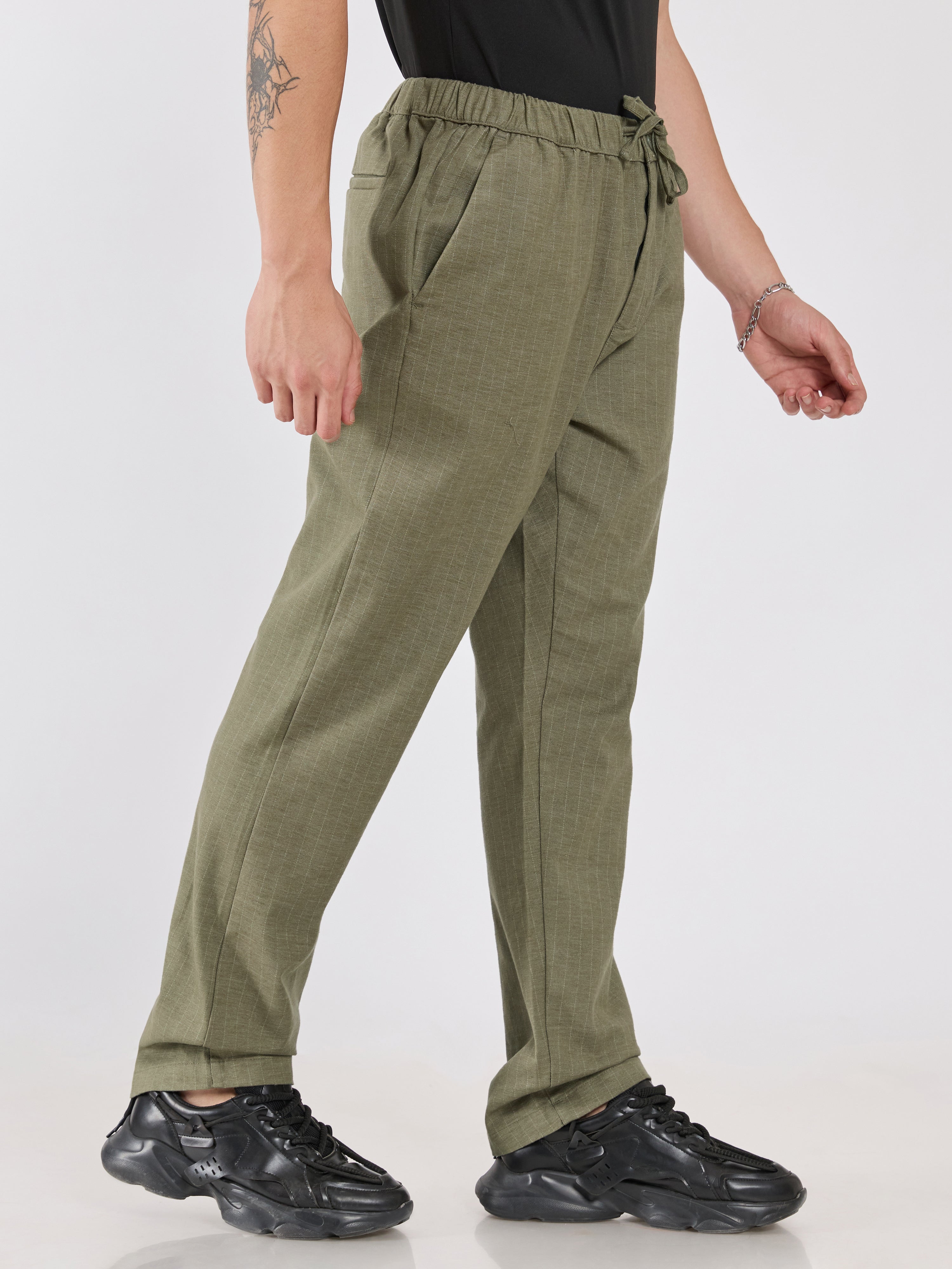 mens Striped Drawstring Loose Fit Pant - olive