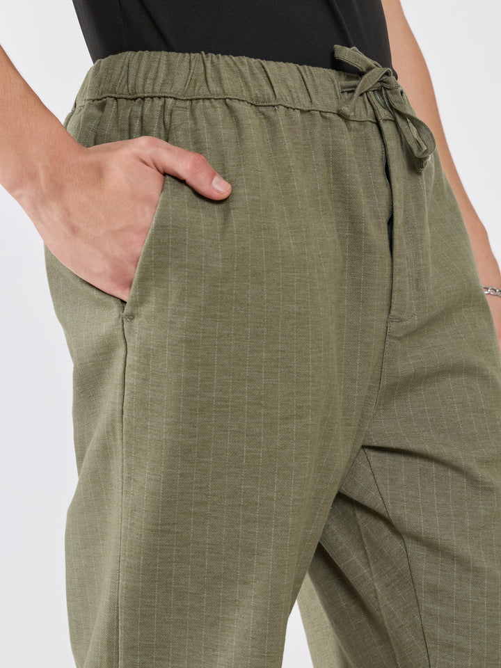 mens Striped Drawstring Loose Fit Pant - olive