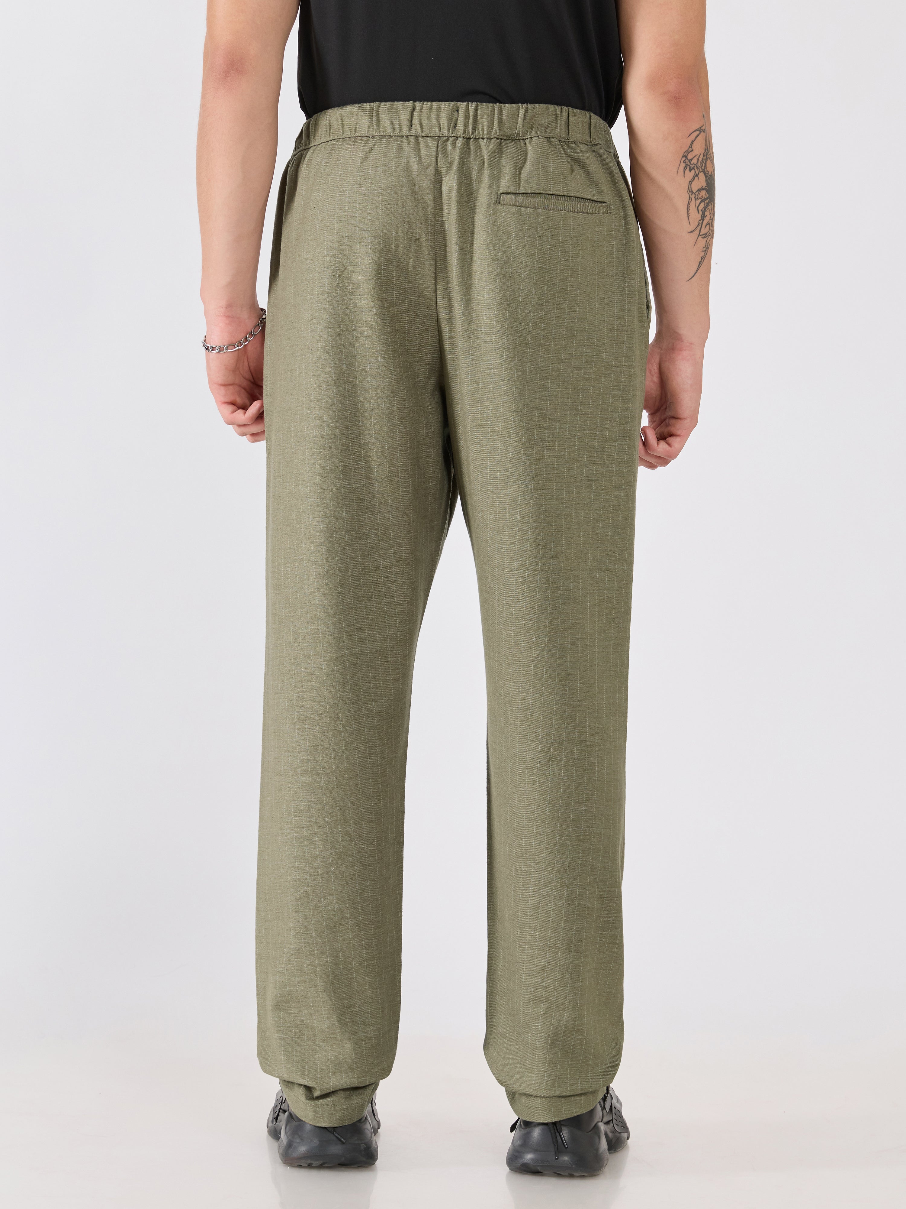 mens Striped Drawstring Loose Fit Pant - olive