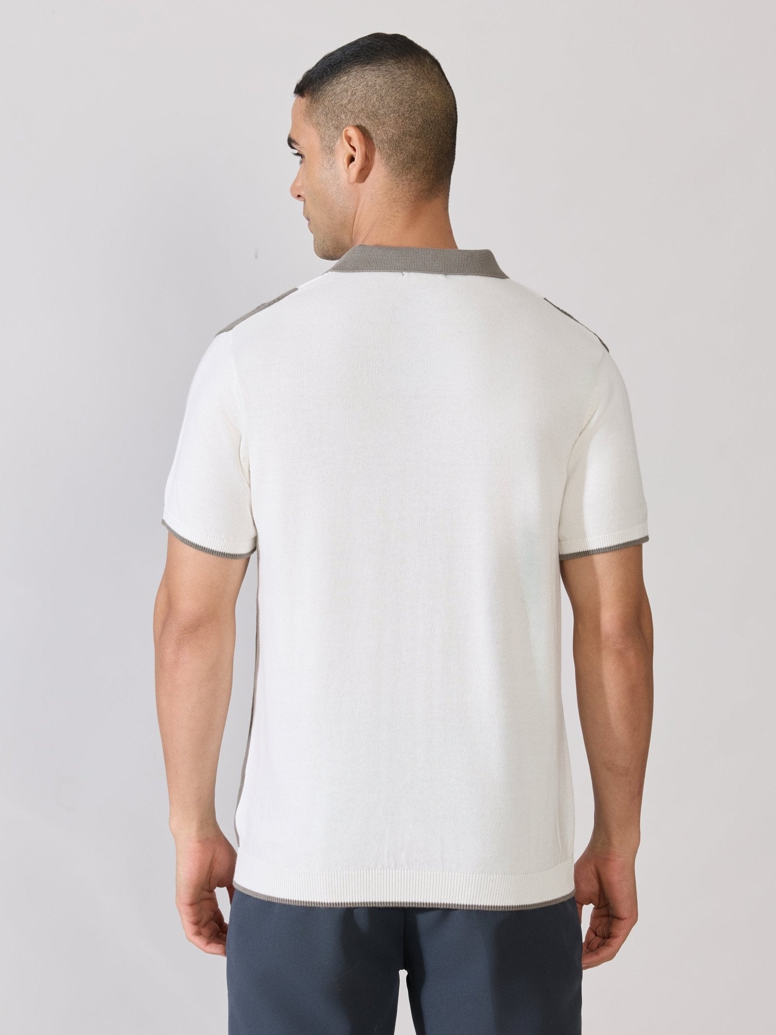 Kikeos-1 - Regular Fit Textured Knit Polo T-Shirt - White & Grey - Espanshe