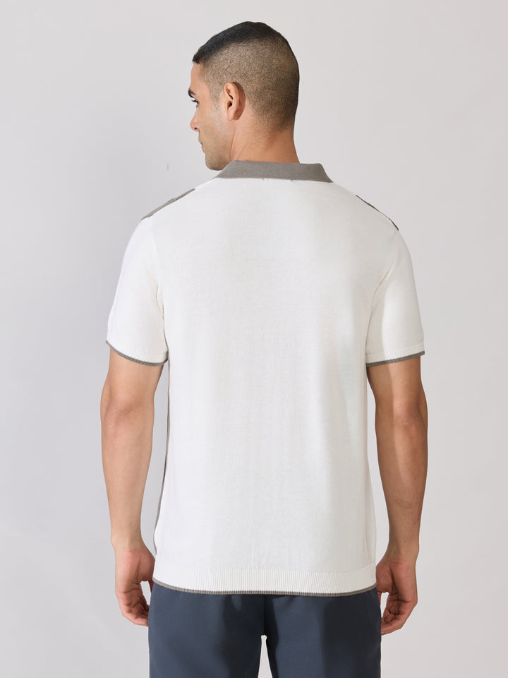 Mens Regular Fit Textured Knit Polo T-Shirt - White & Grey