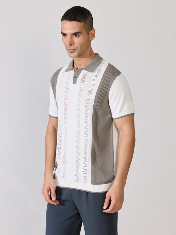 Mens Regular Fit Textured Knit Polo T-Shirt - White & Grey