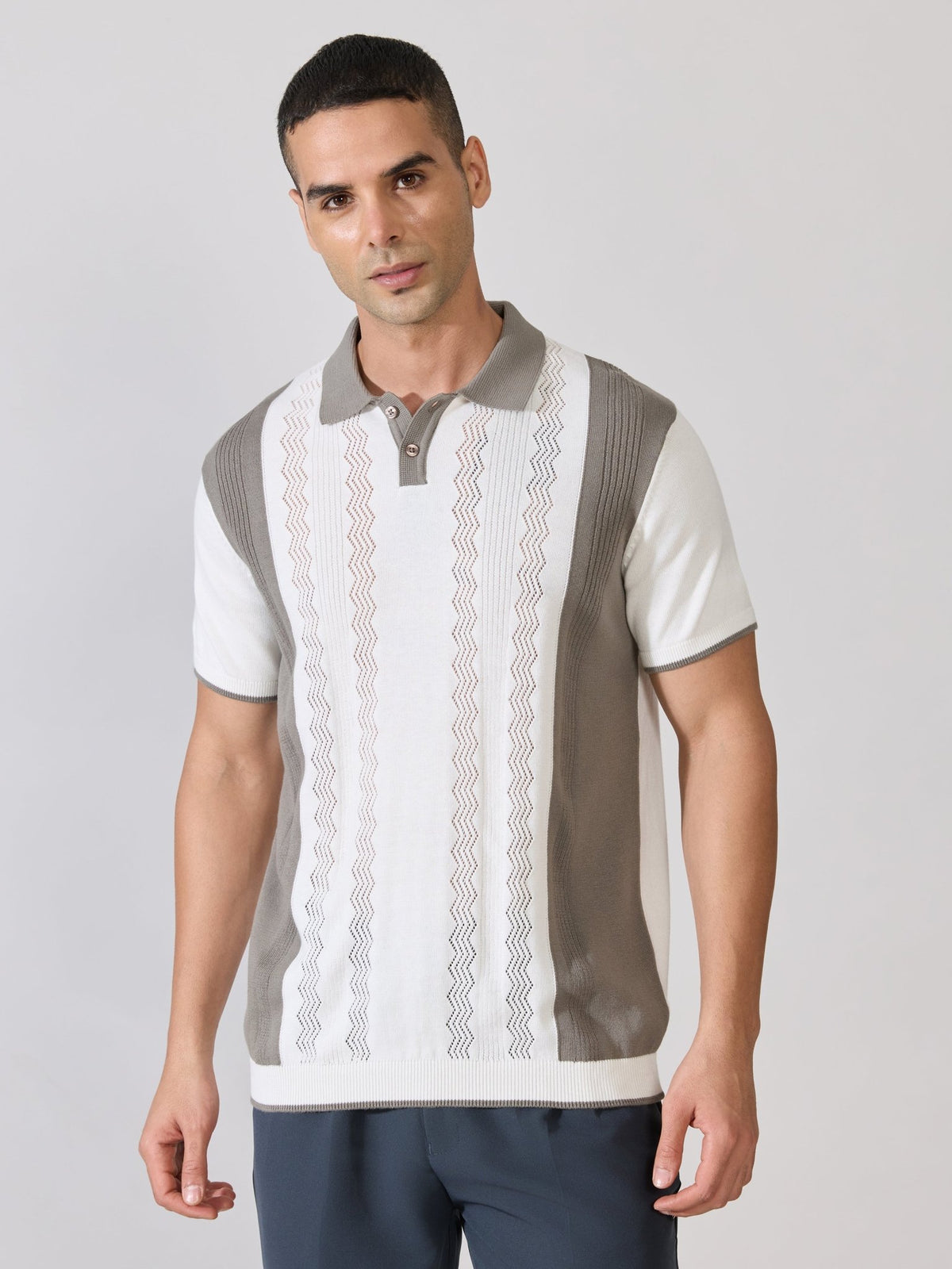 Kikeos-1 - Regular Fit Textured Knit Polo T-Shirt - White & Grey - Espanshe