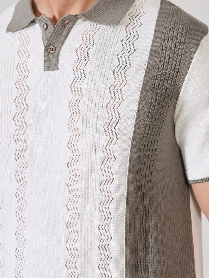 Mens Regular Fit Textured Knit Polo T-Shirt - White & Grey