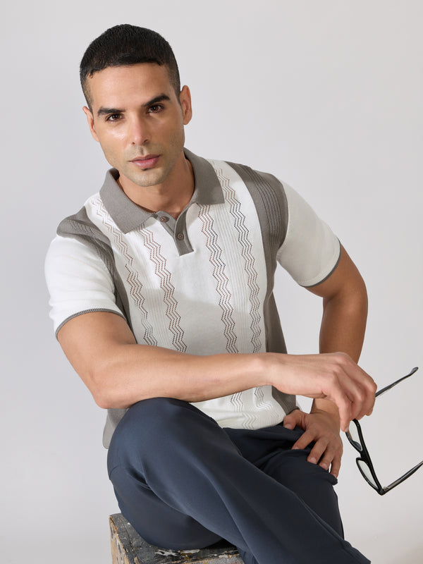 Mens Regular Fit Textured Knit Polo T-Shirt - White & Grey