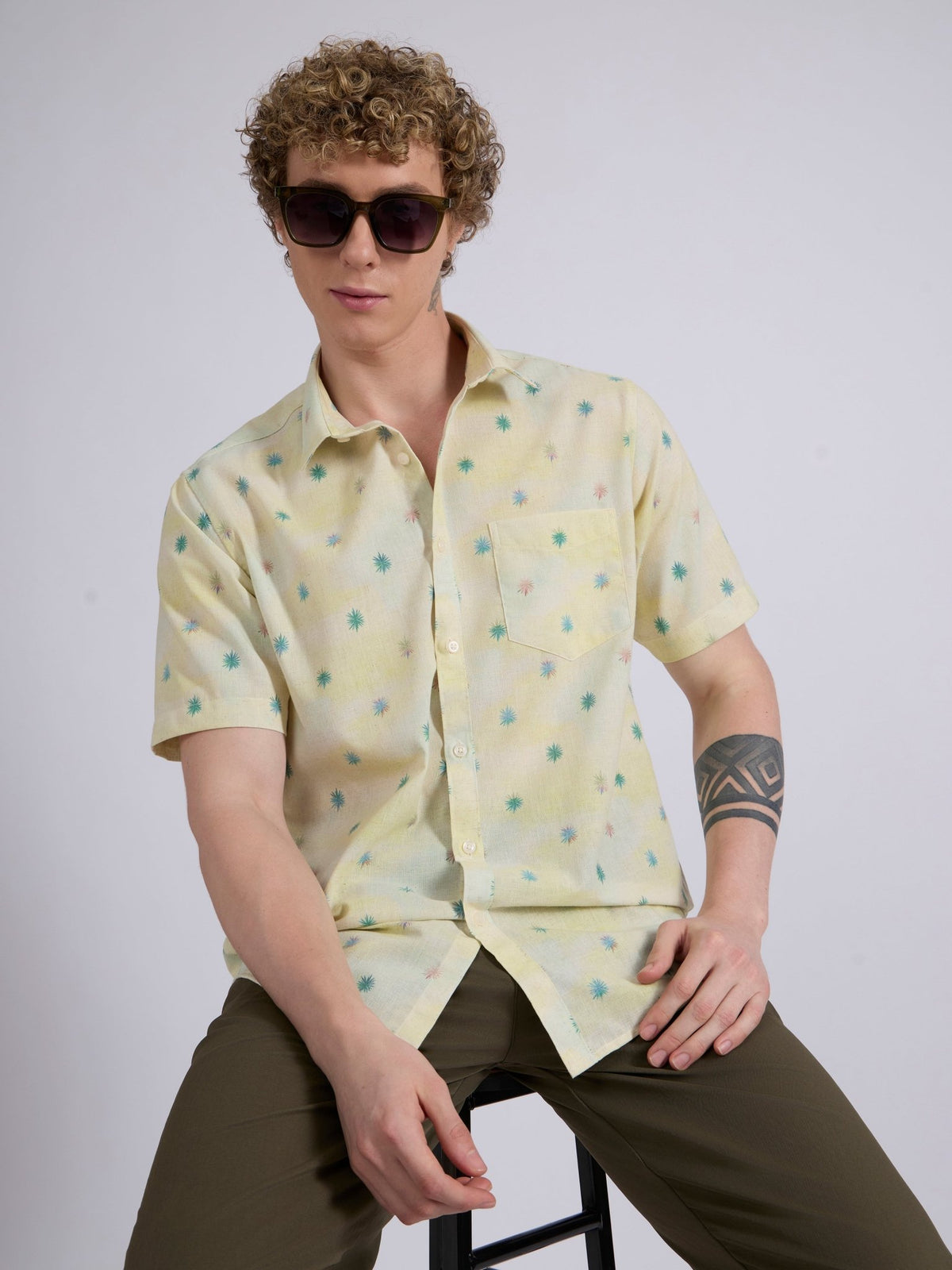 Lucius - Printed Half Sleeve Shirt - Pale Yellow - Espanshe