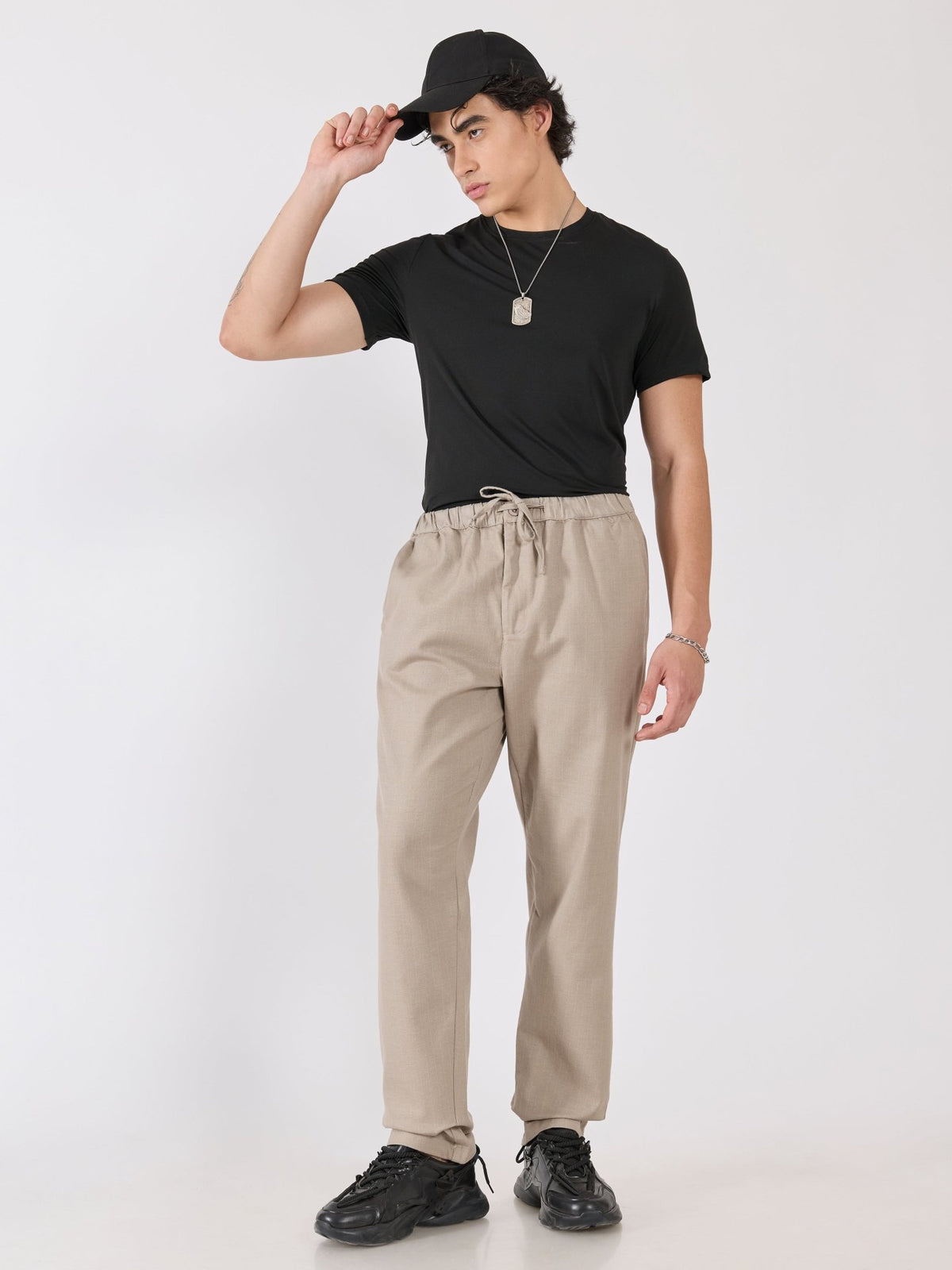 Banano - Striped Drawstring Loose Fit Pant - Beige - Espanshe