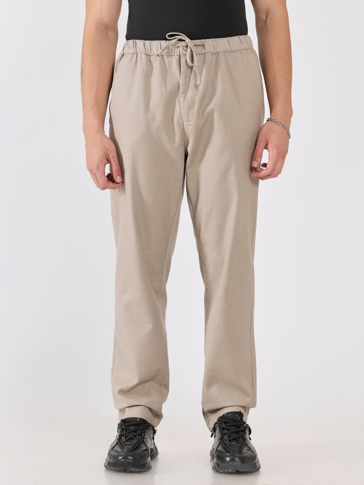 Banano - Striped Drawstring Loose Fit Pant - Beige - Espanshe