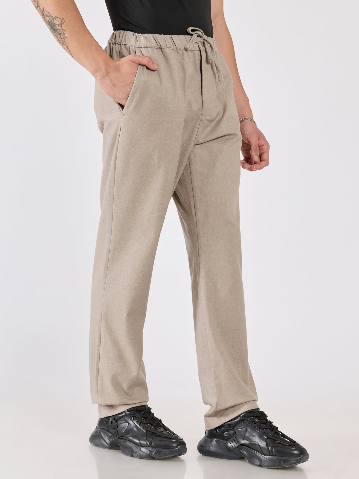 Banano - Striped Drawstring Loose Fit Pant - Beige - Espanshe