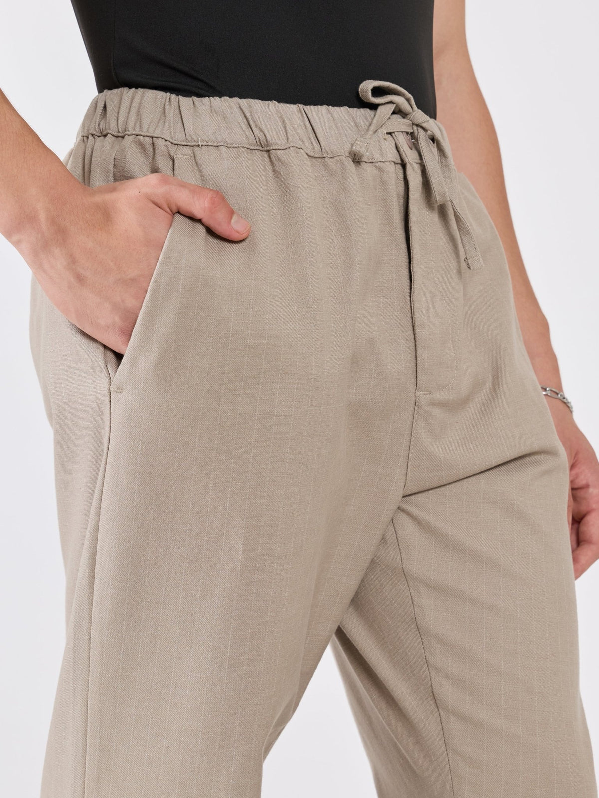 Banano - Striped Drawstring Loose Fit Pant - Beige - Espanshe