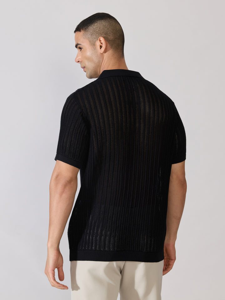 Regular Fit Open Knit Polo T-Shirt in black