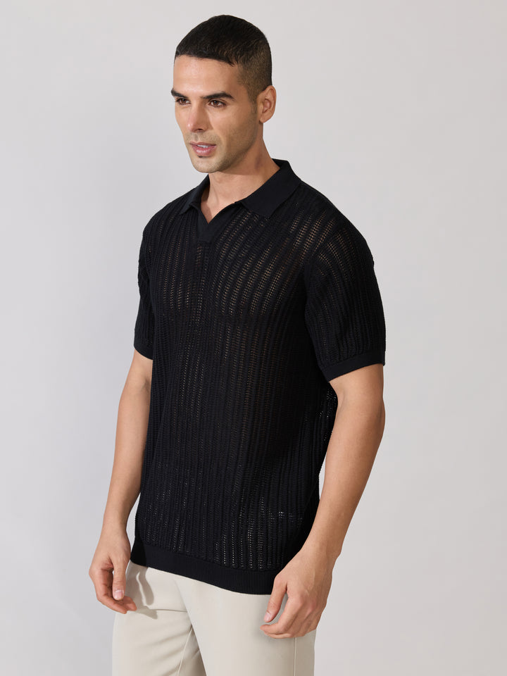 Regular Fit Open Knit Polo T-Shirt in black