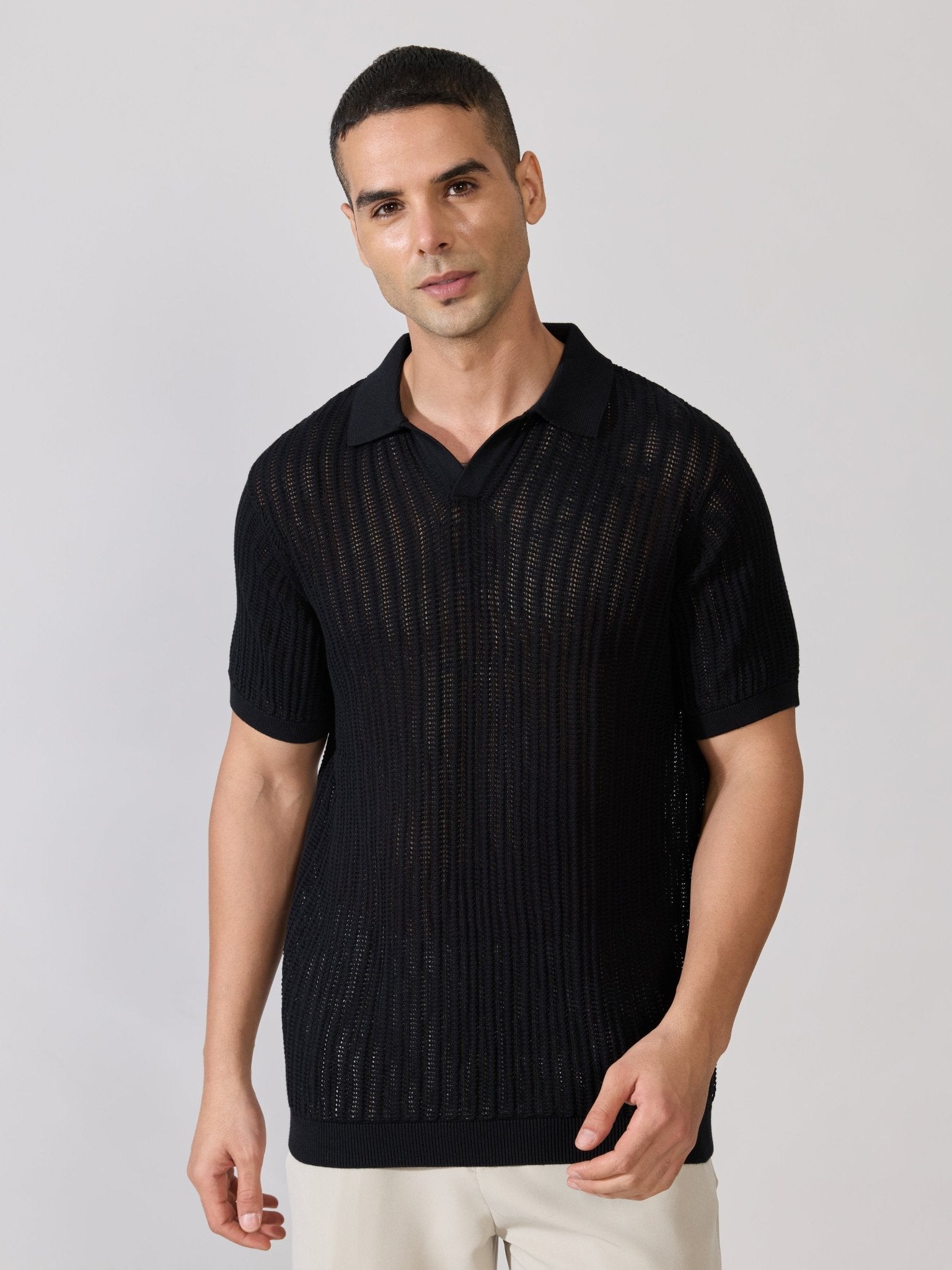 Kikeos-2 - Regular Fit Open Knit Polo T-Shirt - Black - Espanshe