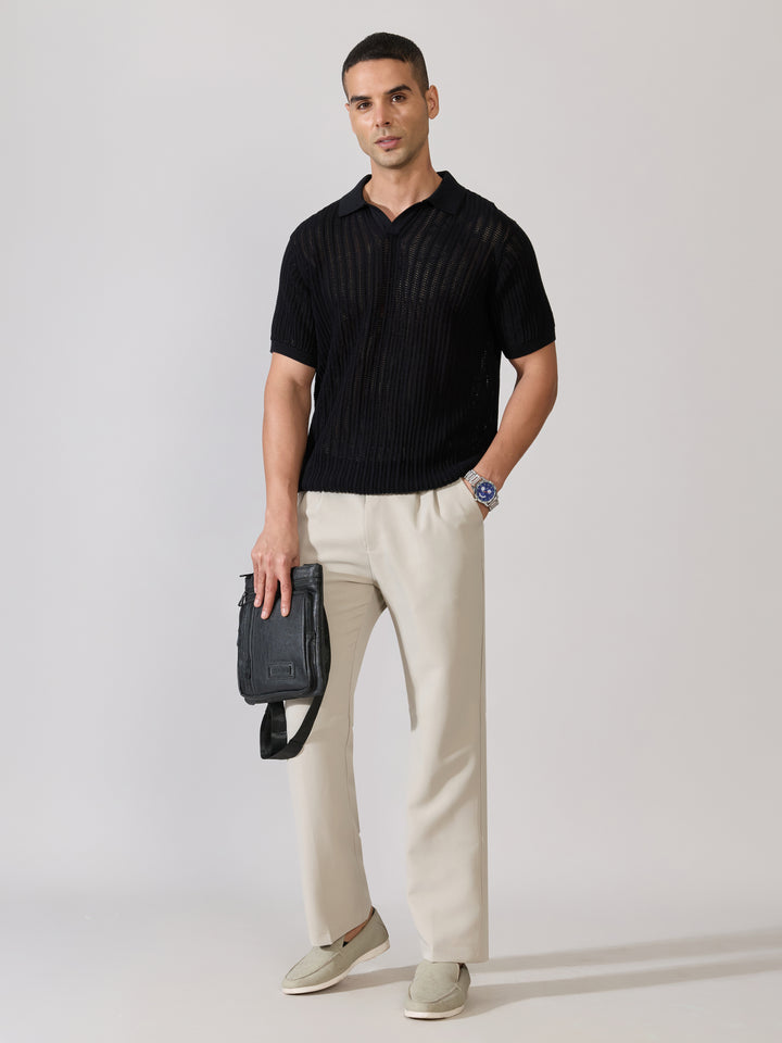 Regular Fit Open Knit Polo T-Shirt in black