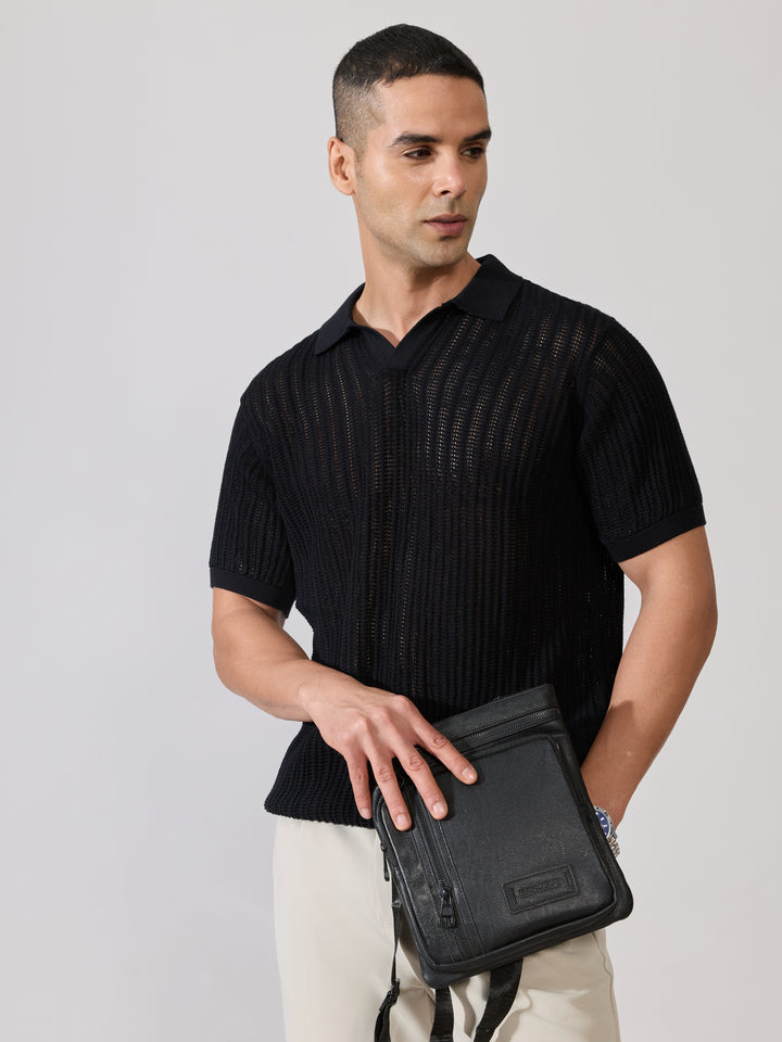 Regular Fit Open Knit Polo T-Shirt in black