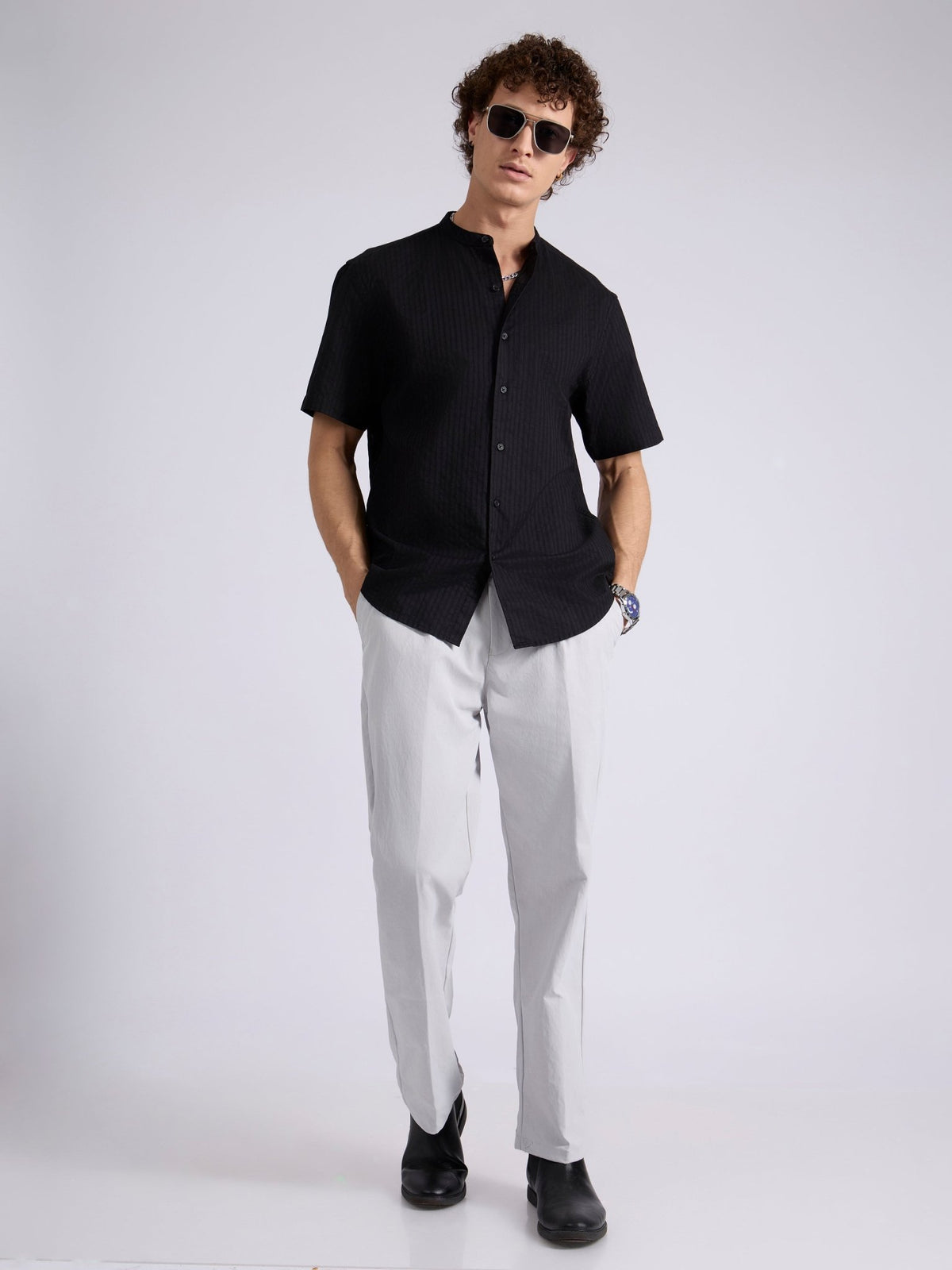 Zabriel - Band Collar Striped Shirt - Black - Espanshe