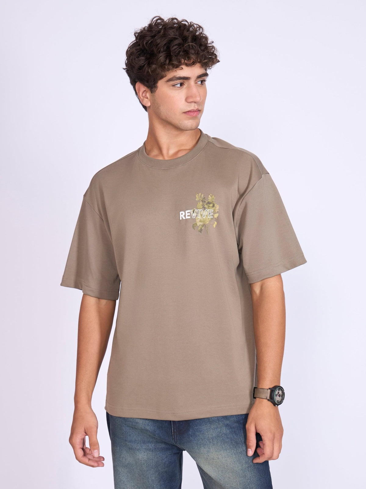 Trace - Revive Printed Loose Fit T-Shirt - Light Olive - Espanshe