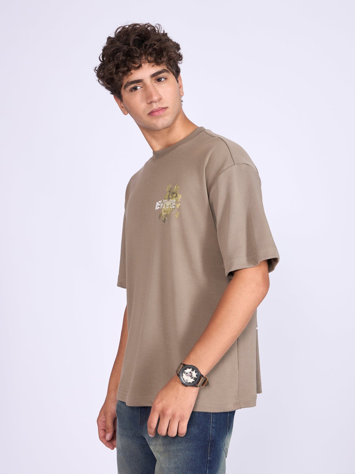 Trace - Revive Printed Loose Fit T-Shirt - Light Olive - Espanshe