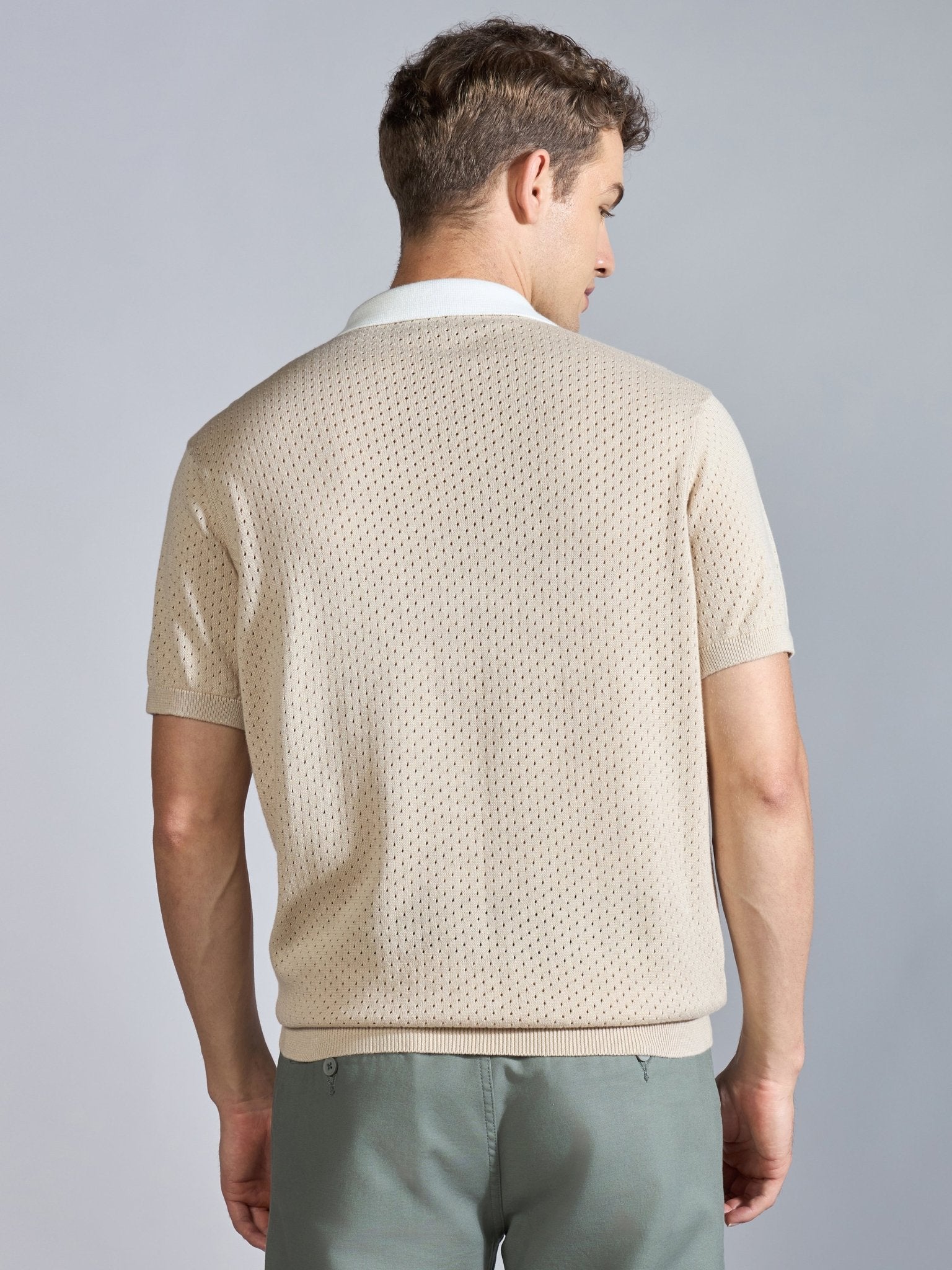 Kikeos-6 - Regular Fit Half Zip Stripe Knit Polo T-Shirt - Beige - Espanshe