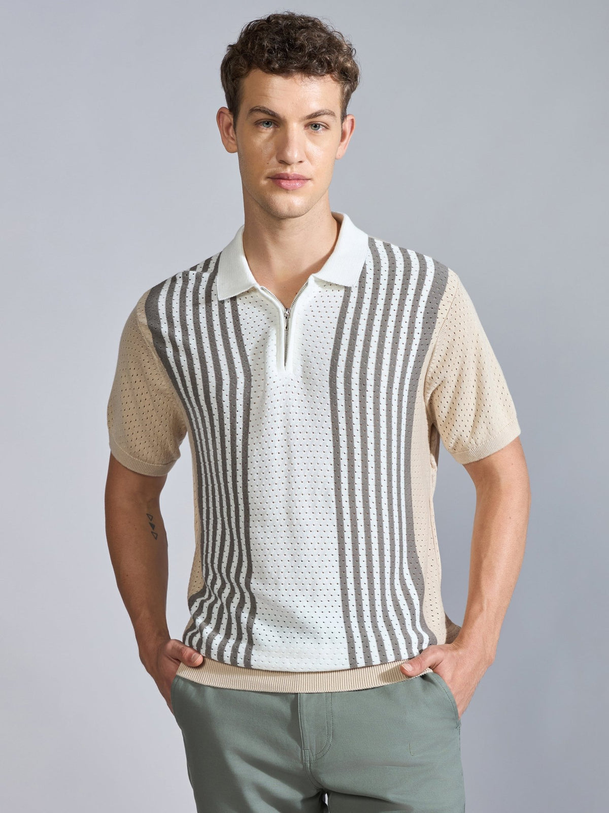 Kikeos-6 - Regular Fit Half Zip Stripe Knit Polo T-Shirt - Beige - Espanshe