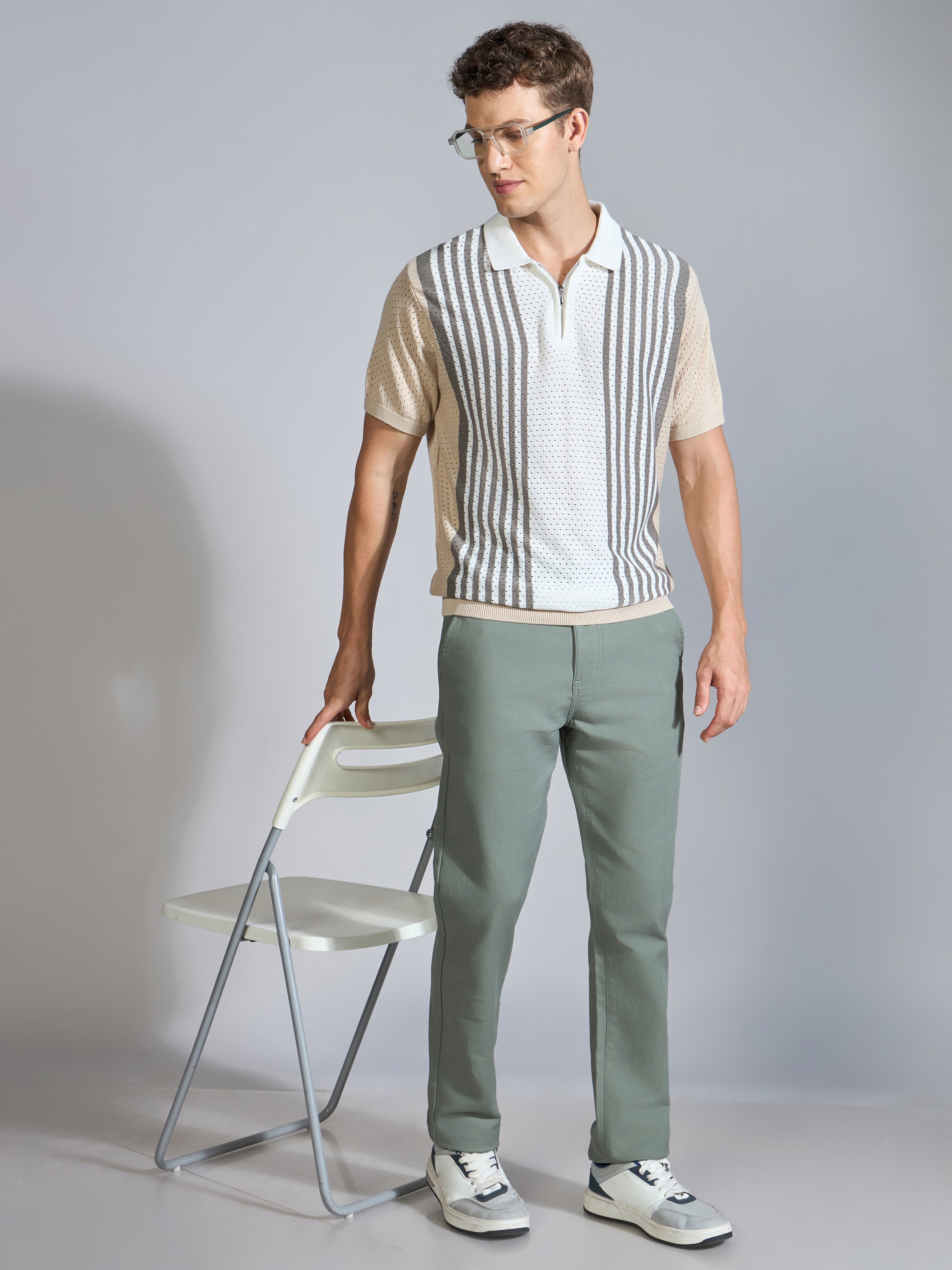 Men's  Regular Fit Half Zip Stripe Knit Polo T-Shirt in Beige