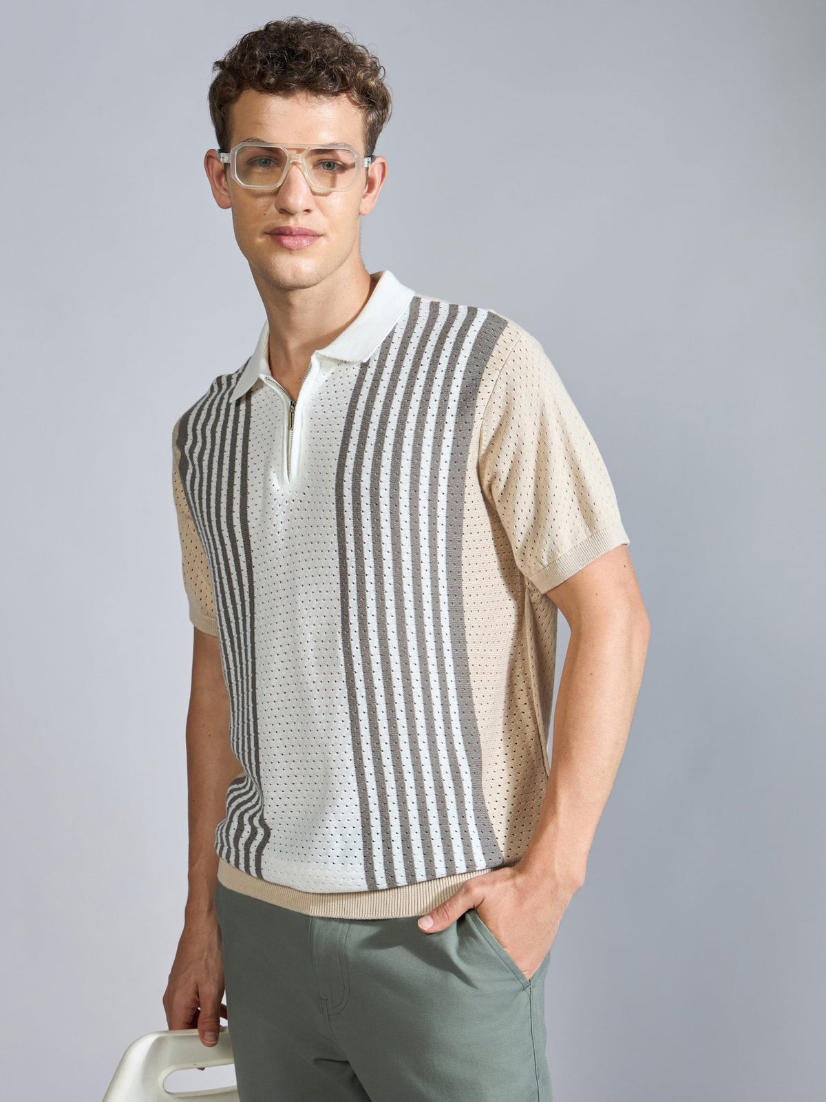 Kikeos-6 - Regular Fit Half Zip Stripe Knit Polo T-Shirt - Beige - Espanshe