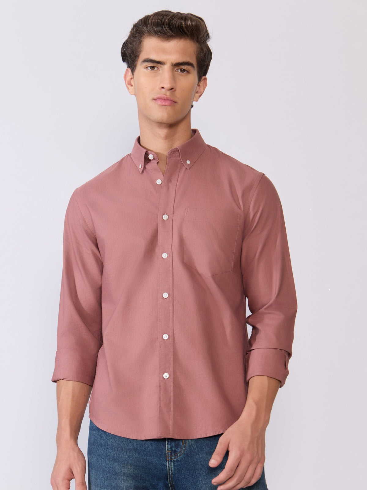 Orbit - Relaxed Fit Oxford Shirt With Elbow Patch - Dusty Rose - Espanshe