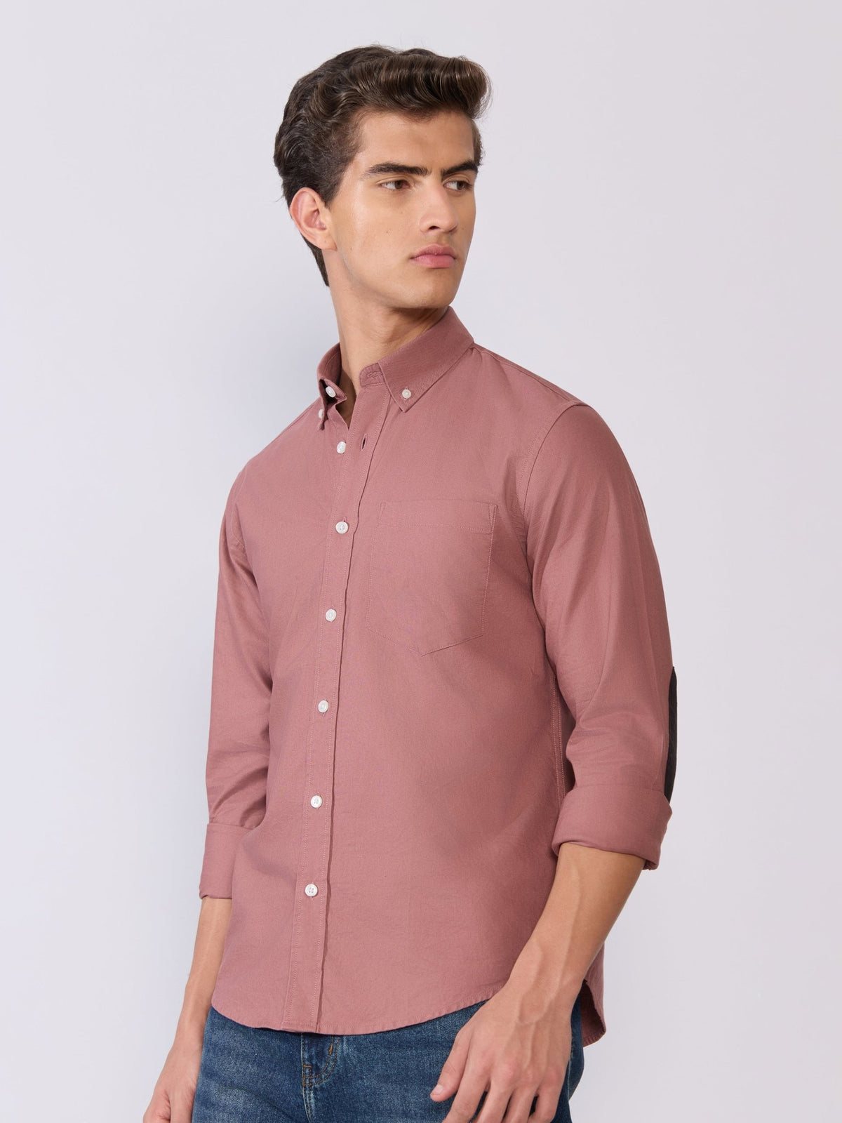Orbit - Relaxed Fit Oxford Shirt With Elbow Patch - Dusty Rose - Espanshe