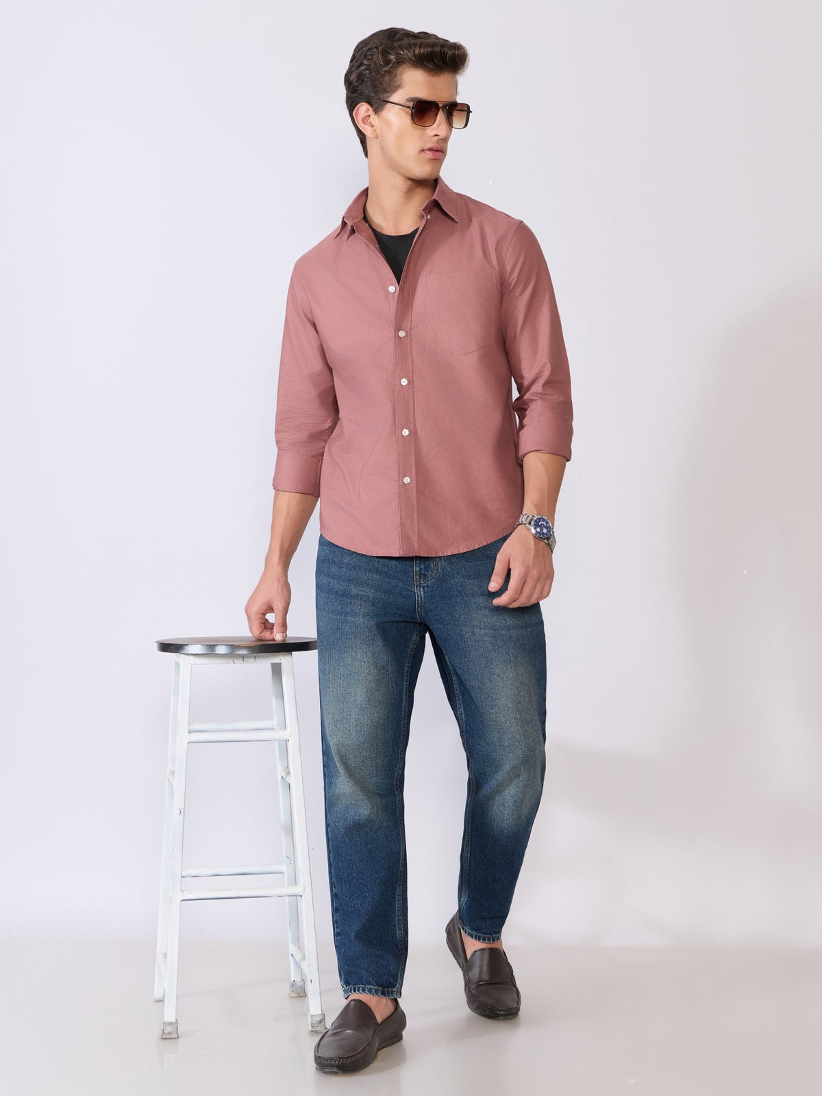 Orbit - Relaxed Fit Oxford Shirt With Elbow Patch - Dusty Rose - Espanshe