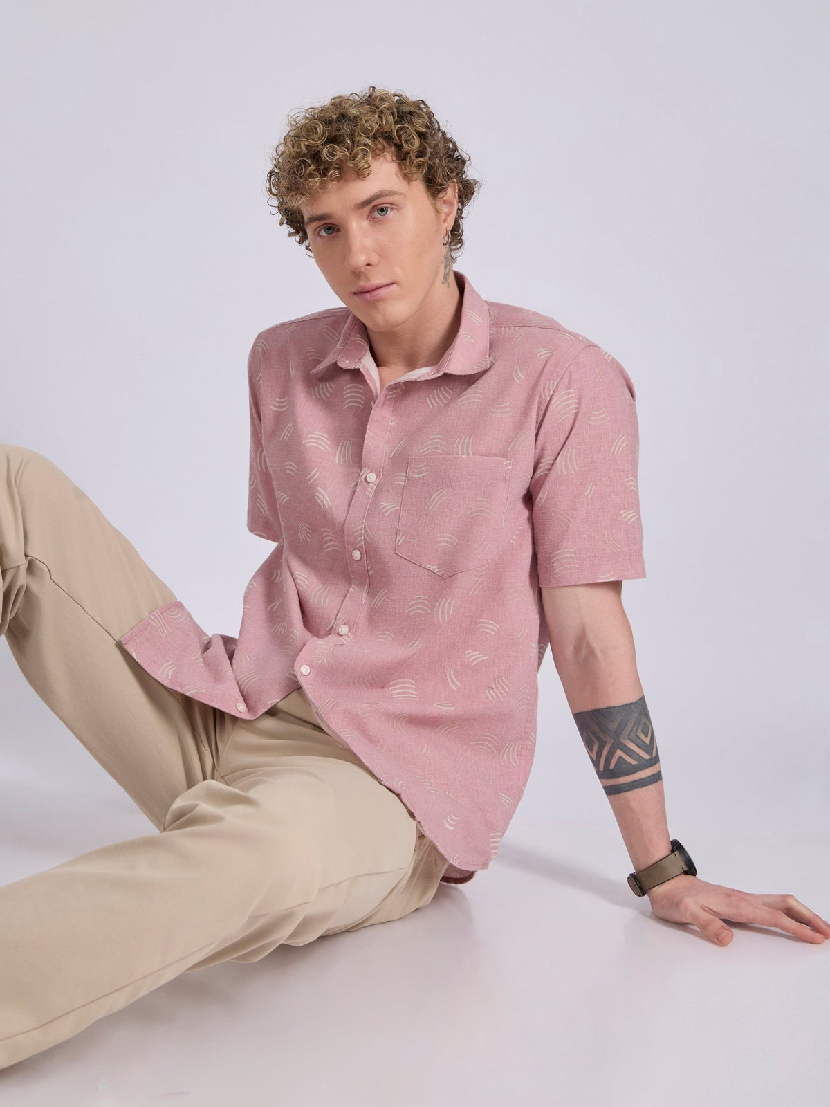 Lucius - Printed Half Sleeve Shirt - Dusty Pink - Espanshe