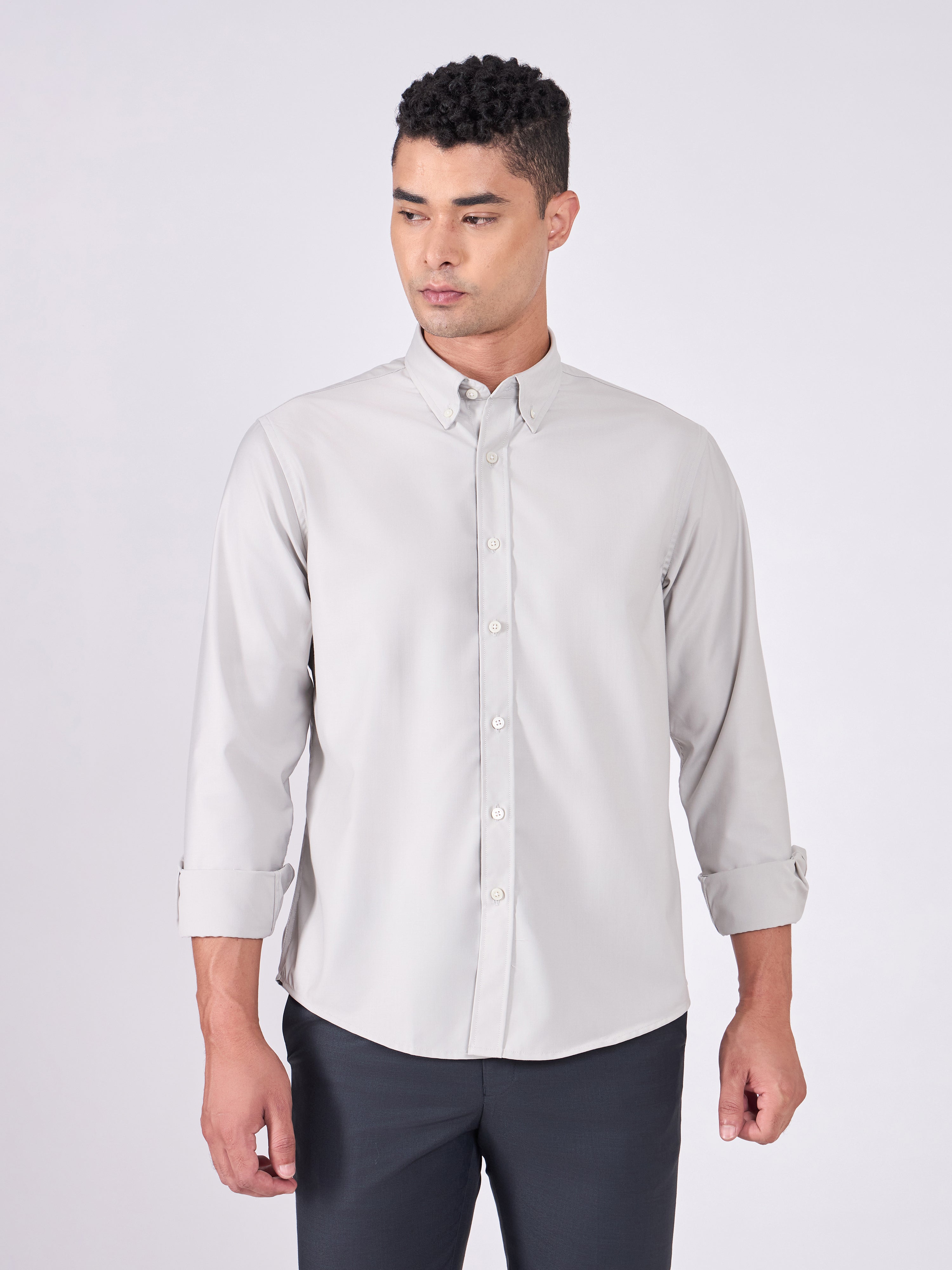 Man wearing Tencel Plain Shirt in  Light gray.