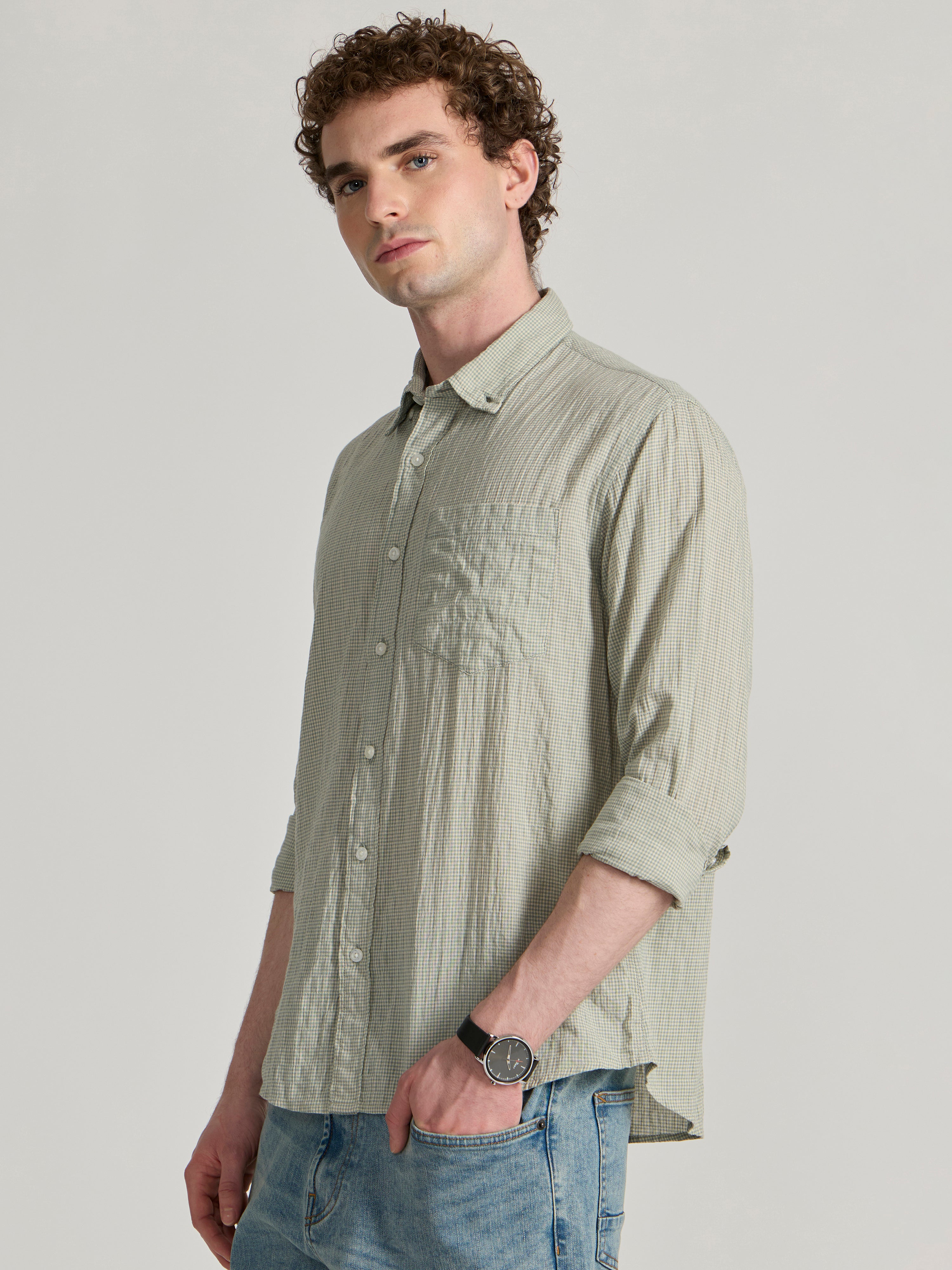 Men's Crinkled Checked Shirt in light grey