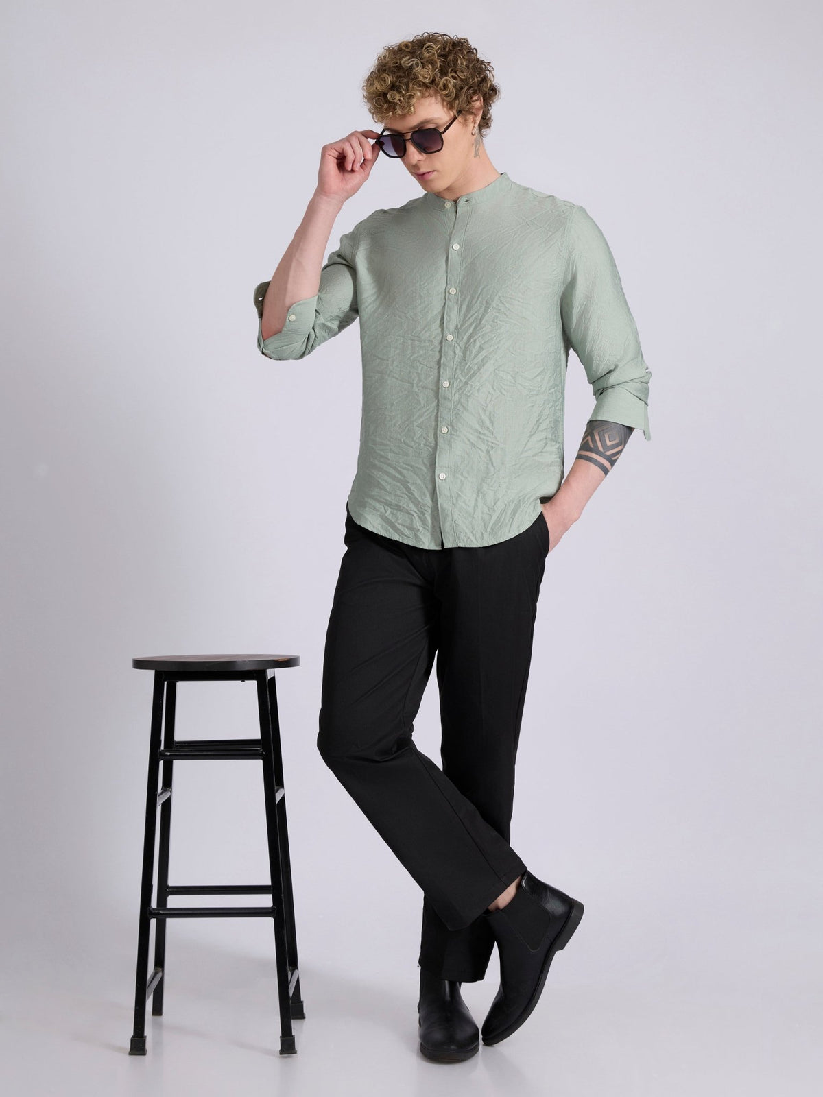 Pryor - Band Collar Plain Shirt - Pista - Espanshe