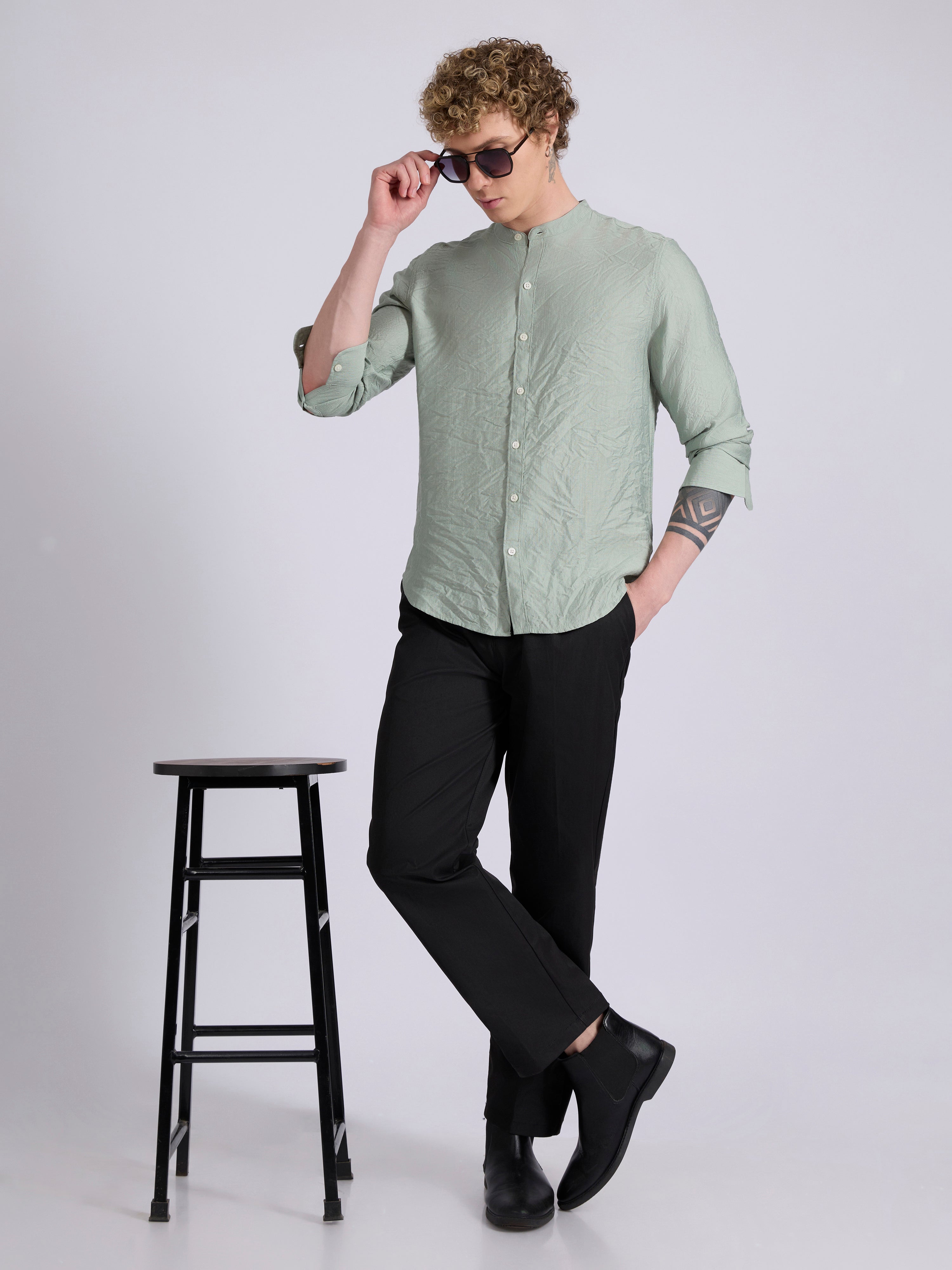 men's Mandarin Collar Plain Shirt -pista color