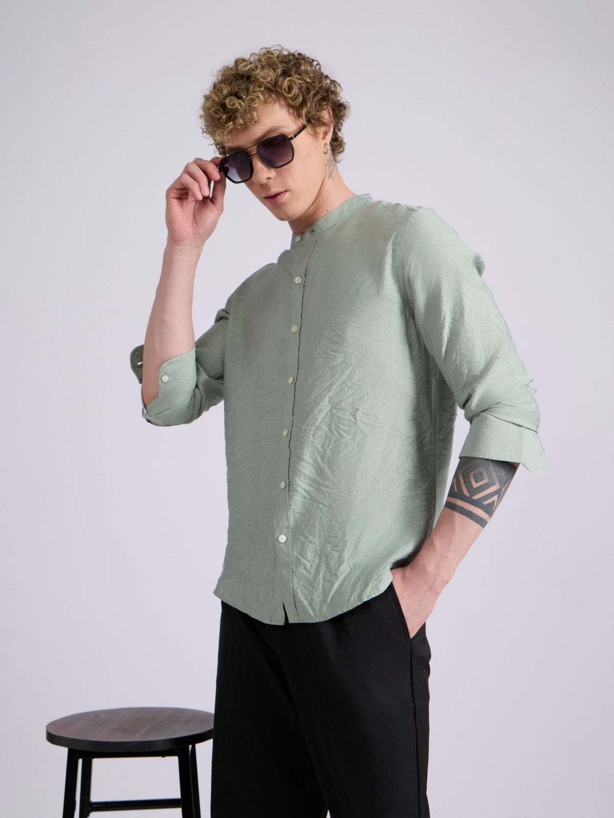 Pryor - Band Collar Plain Shirt - Pista - Espanshe