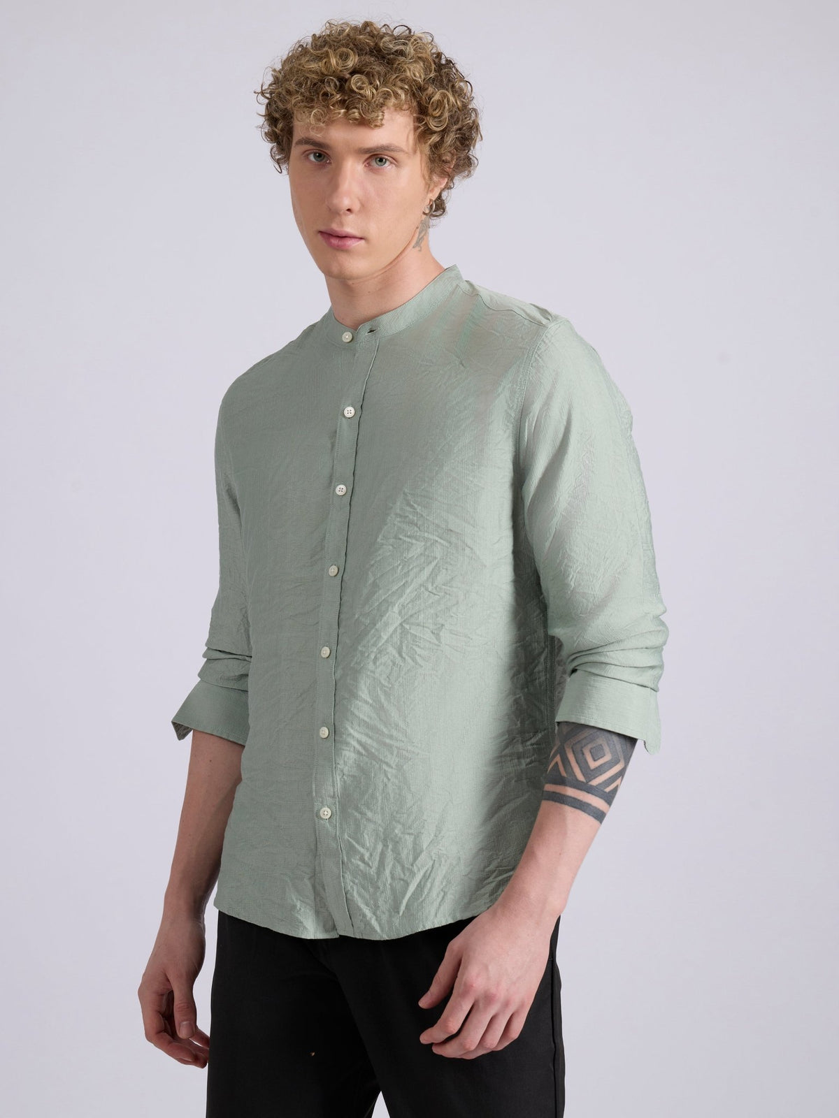 Pryor - Band Collar Plain Shirt - Pista - Espanshe