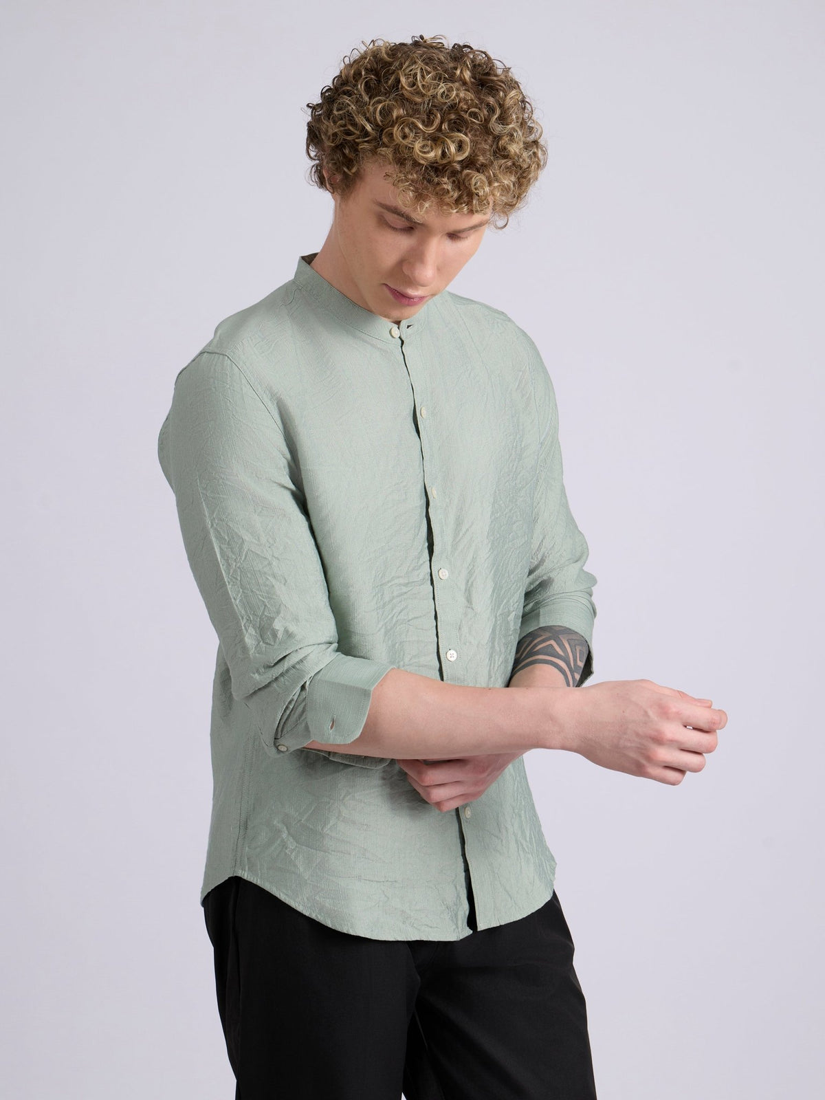 Pryor - Band Collar Plain Shirt - Pista - Espanshe