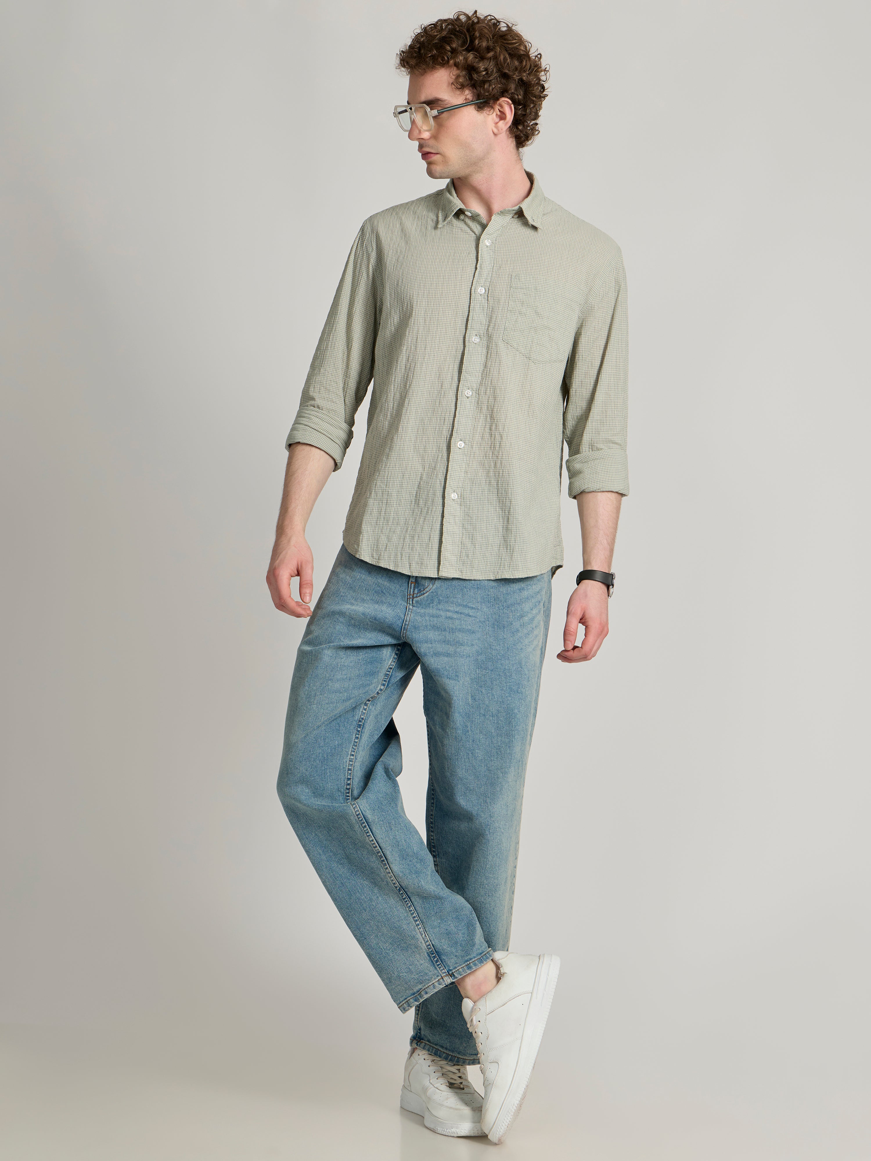 Dashiell - Crinkled Checked Shirt - Light Green