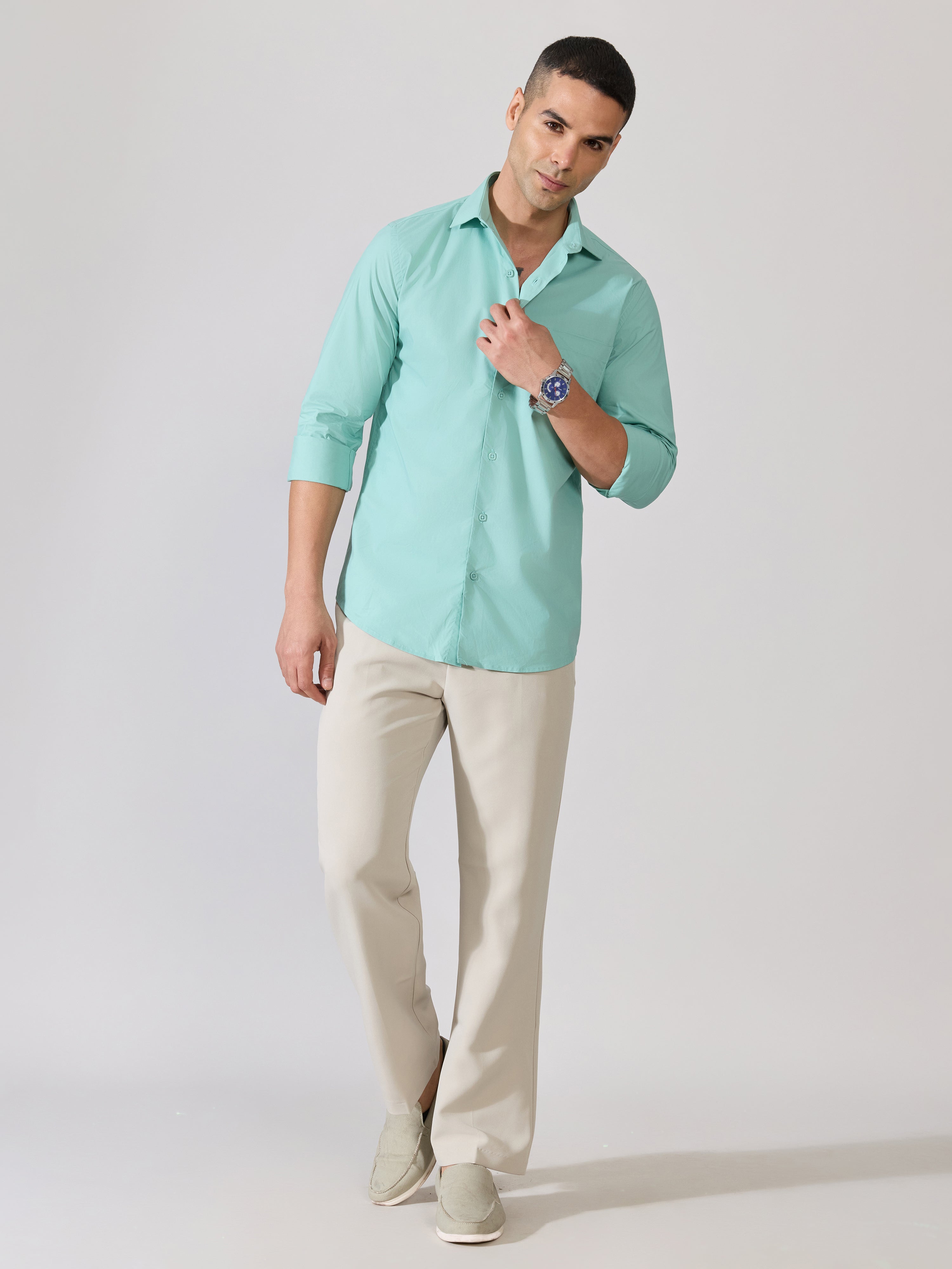 Valerius - Trim Fit Poplin Shirt - Soft Green