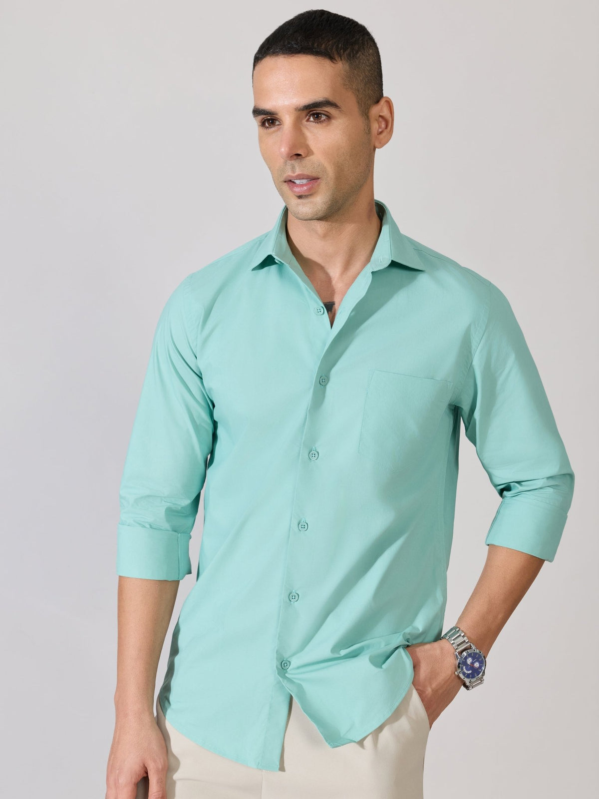 Valerius - Trim Fit Poplin Shirt - Soft Green - Espanshe
