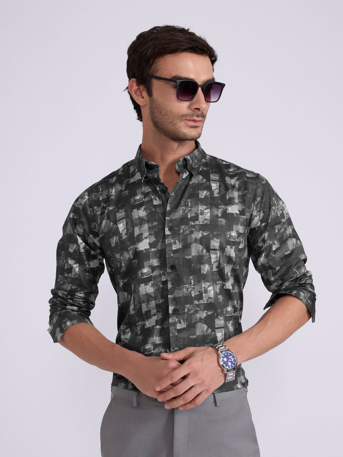 Ulfred - Satin Digital Printed Shirt - Slate Blue - Espanshe