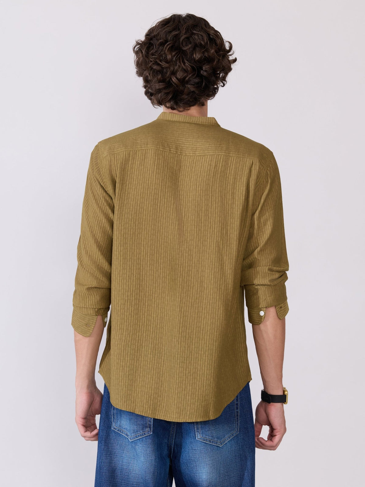 Yometo - Striped Band Neck Shirt - Olive - Espanshe