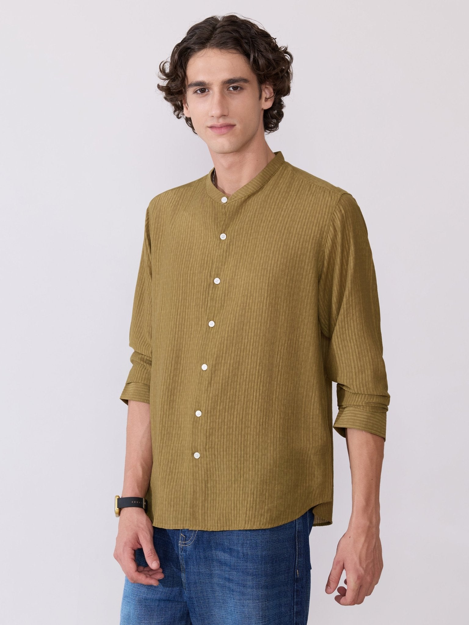 Yometo - Striped Band Neck Shirt - Olive - Espanshe