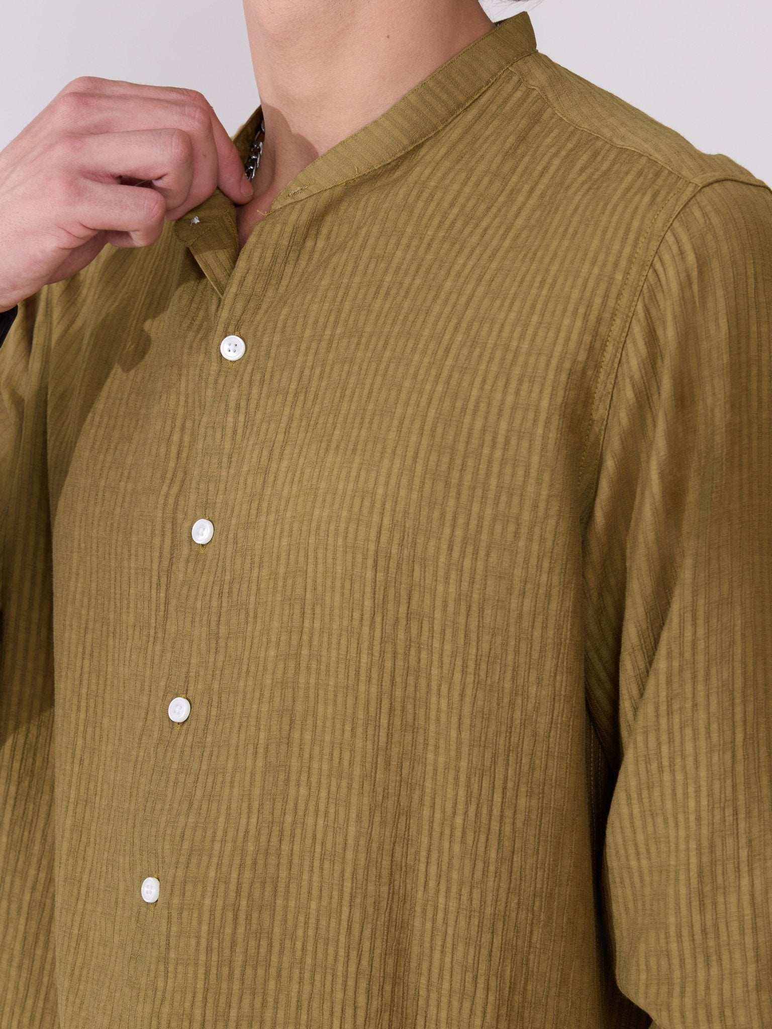 Yometo - Striped Band Neck Shirt - Olive - Espanshe