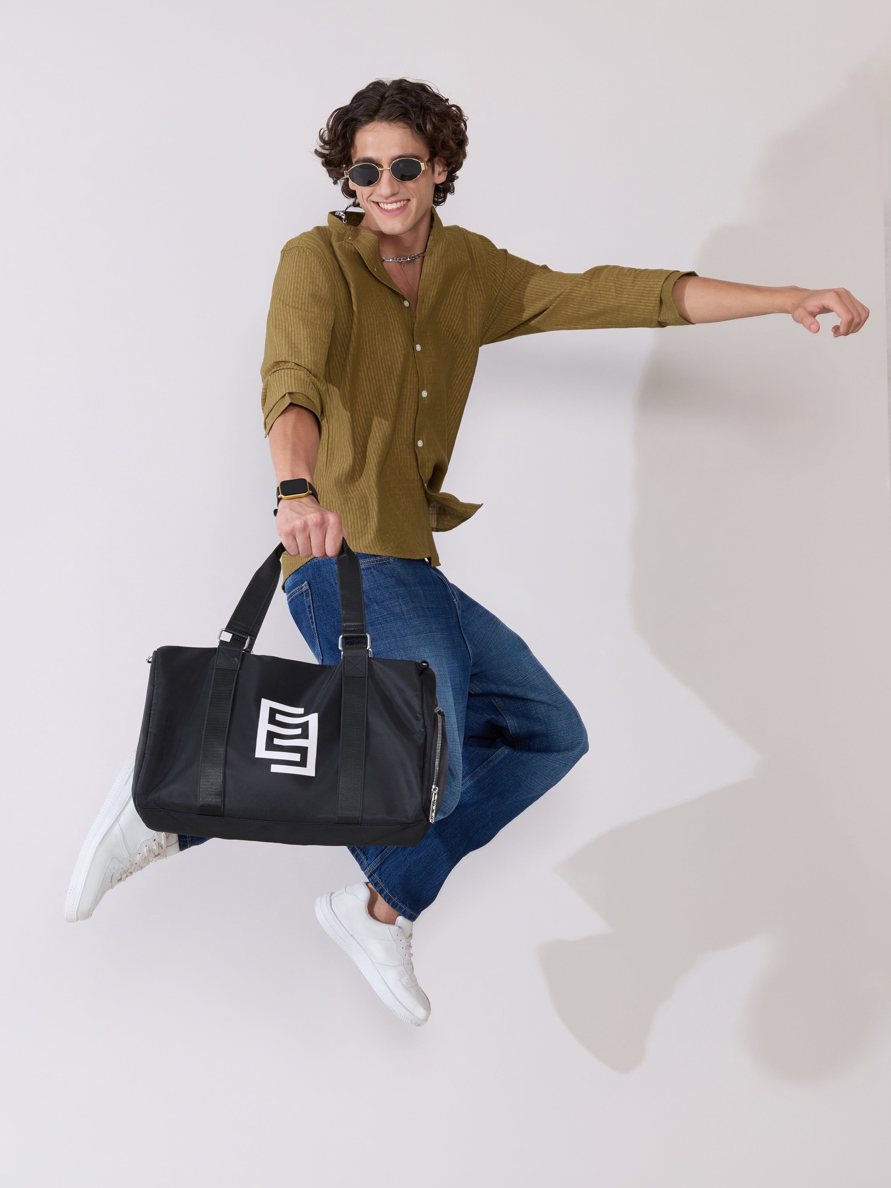 Yometo - Striped Band Neck Shirt - Olive