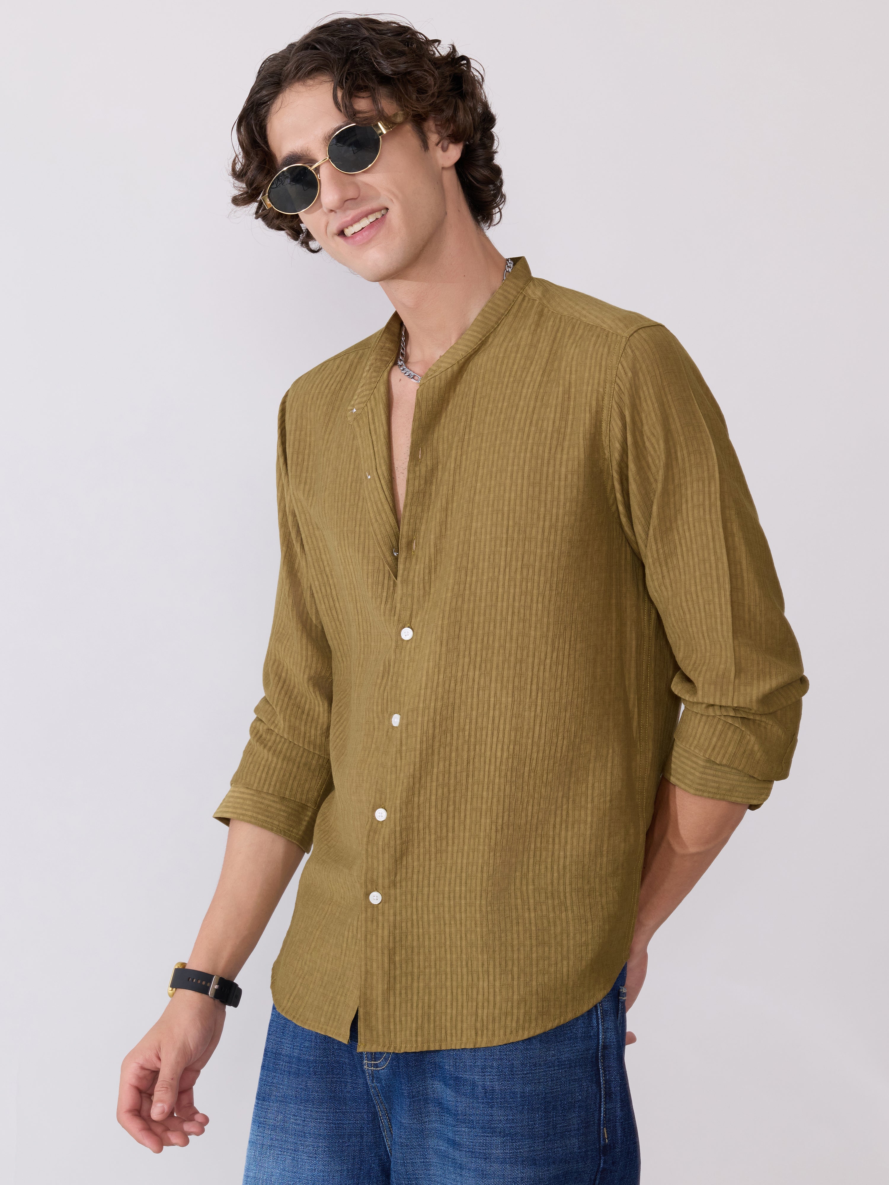 Yometo - Striped Band Neck Shirt - Olive