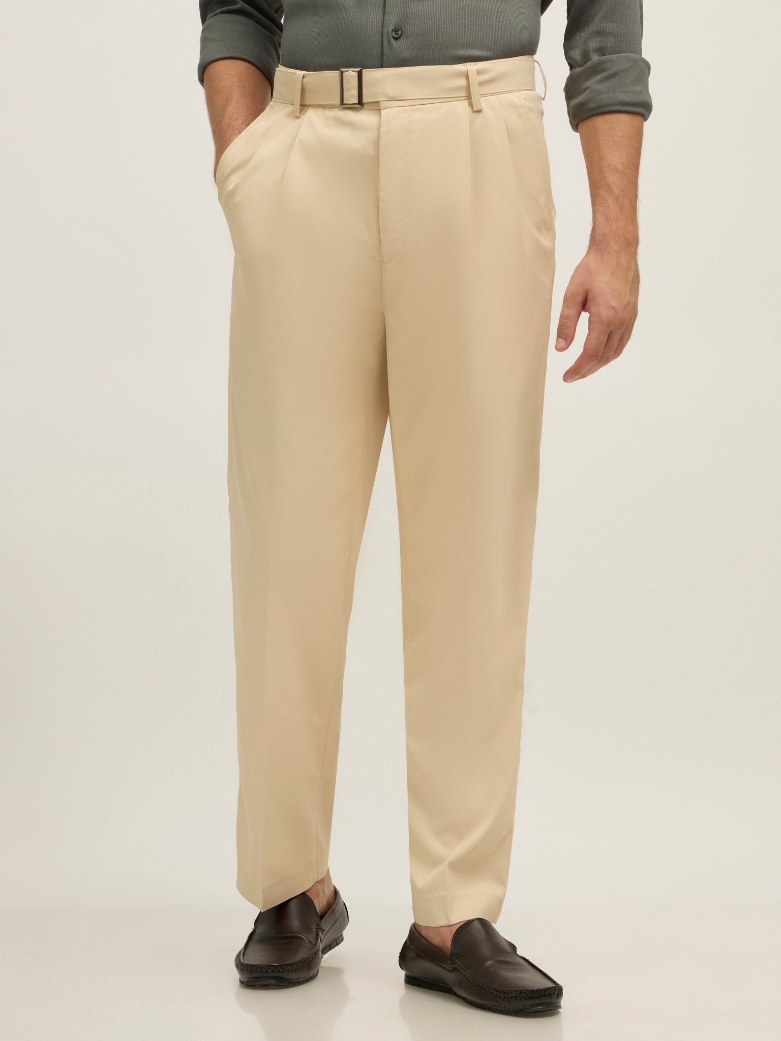 Maximilian - Beltless Formal Pant - Beige - Espanshe