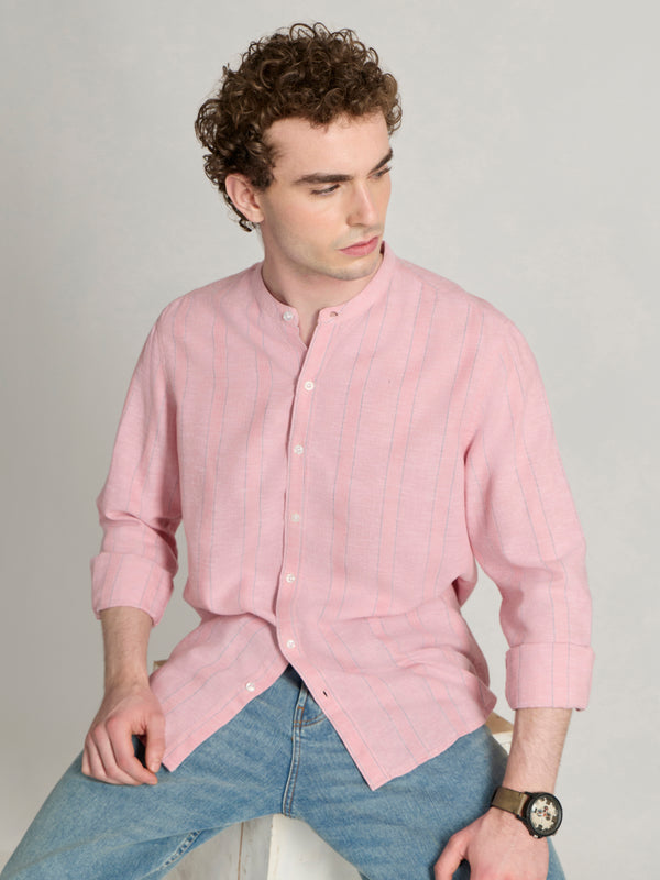 Salvator - Band Collar Striped Shirt - Pink