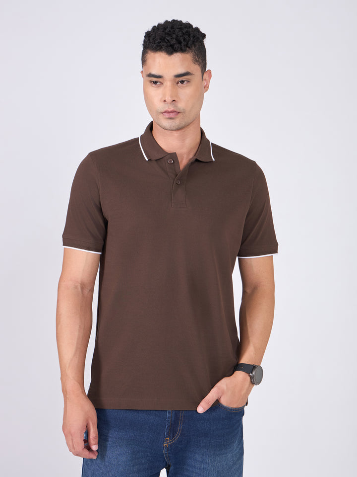 Men's Polo T-Shirt with Contrast Tipping - dark coffee